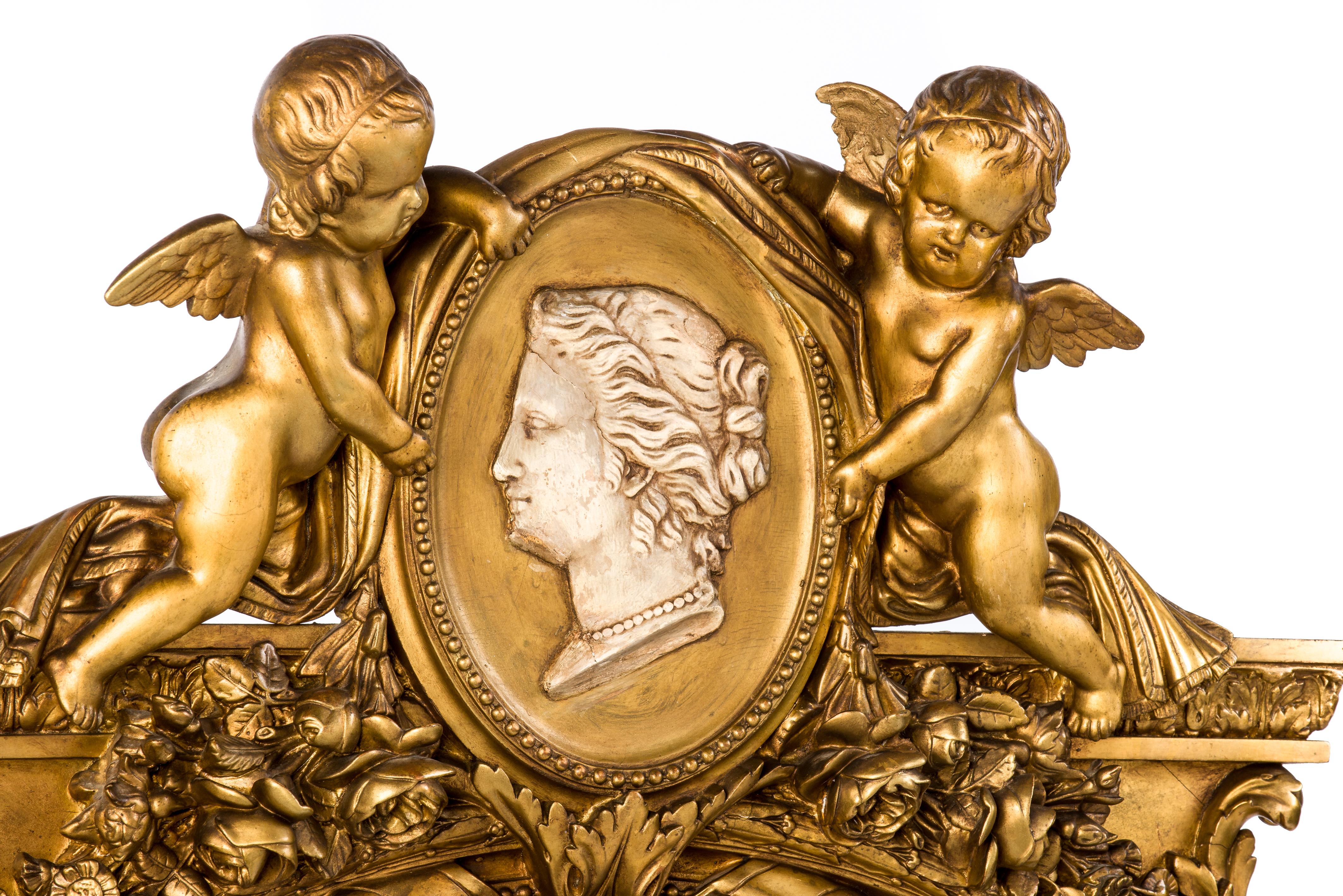 Louis XVI Grand miroir français ancien du 19ème siècle à parcloses Louis Seize doré à la feuille d'or