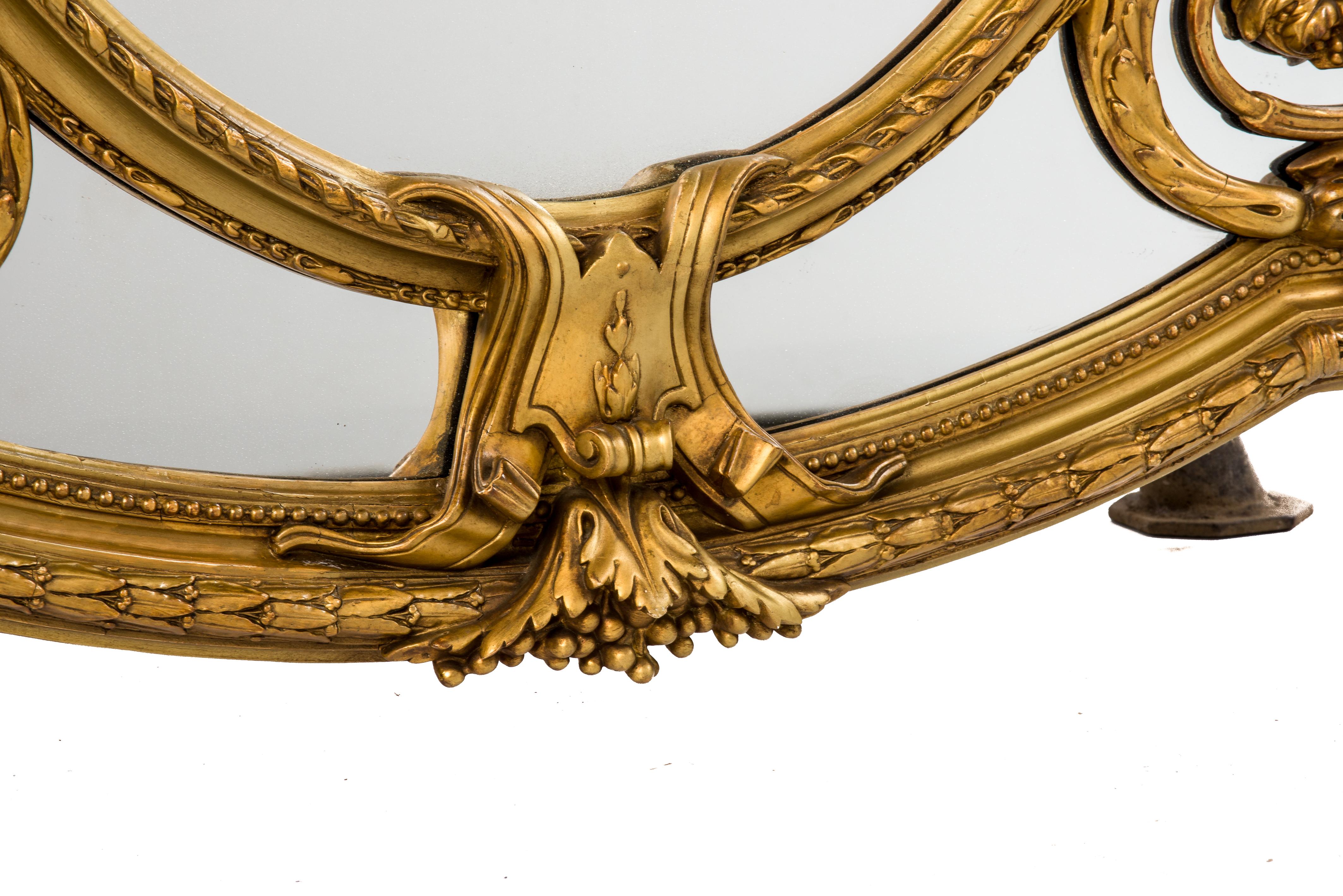 Gesso Grand miroir français ancien du 19ème siècle à parcloses Louis Seize doré à la feuille d'or
