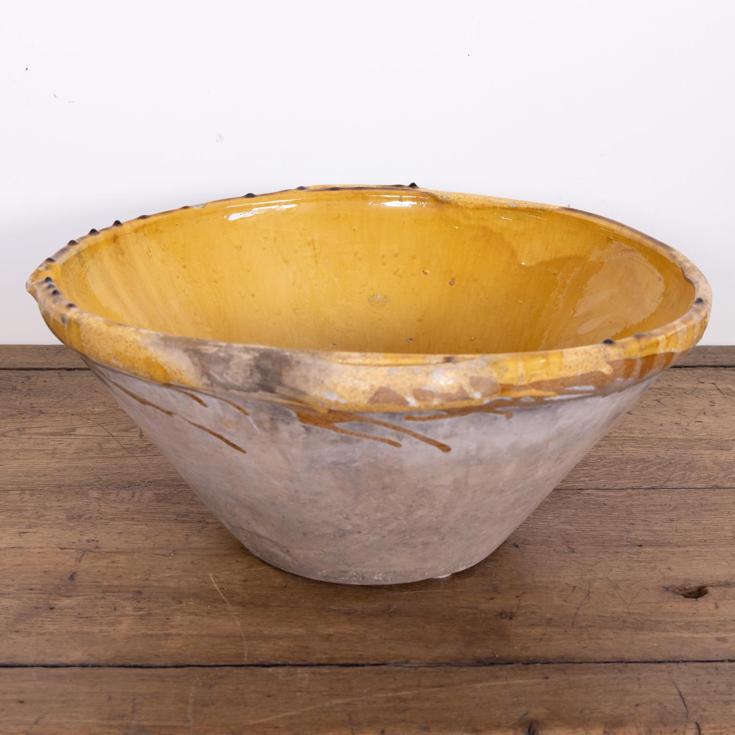 Large Antique 19th Century French Terracotta Tian Bowl with Mustard Yellow Glaze In Good Condition In Birmingham, AL