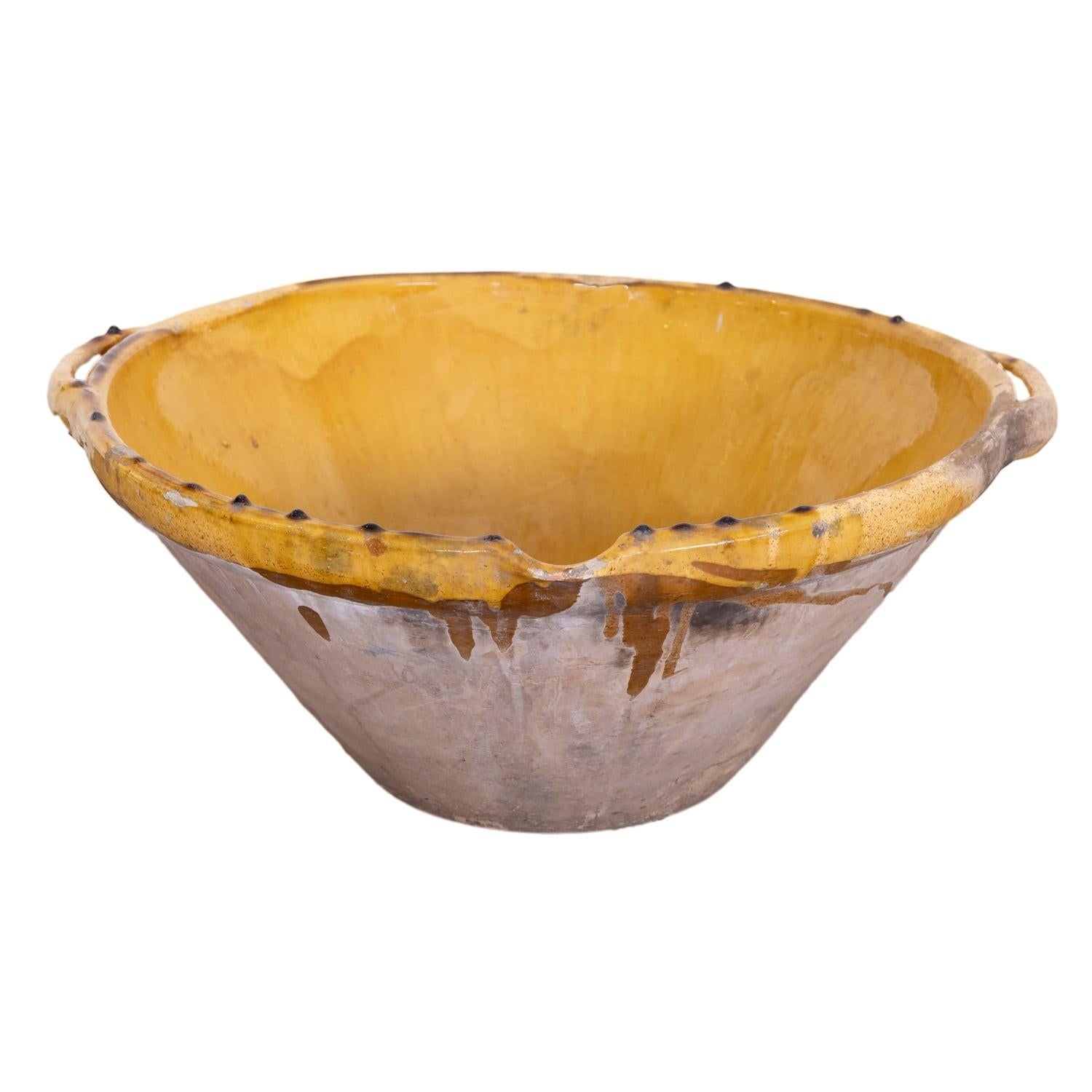Large Antique 19th Century French Terracotta Tian Bowl with Mustard Yellow Glaze