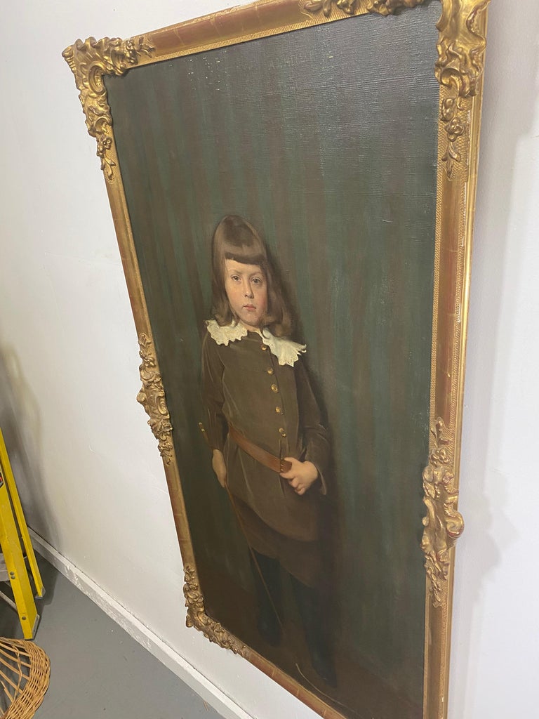 Carved Large Antique 19th Century Genre Portrait of a Boy by Adolf Heller, Oil Painting For Sale