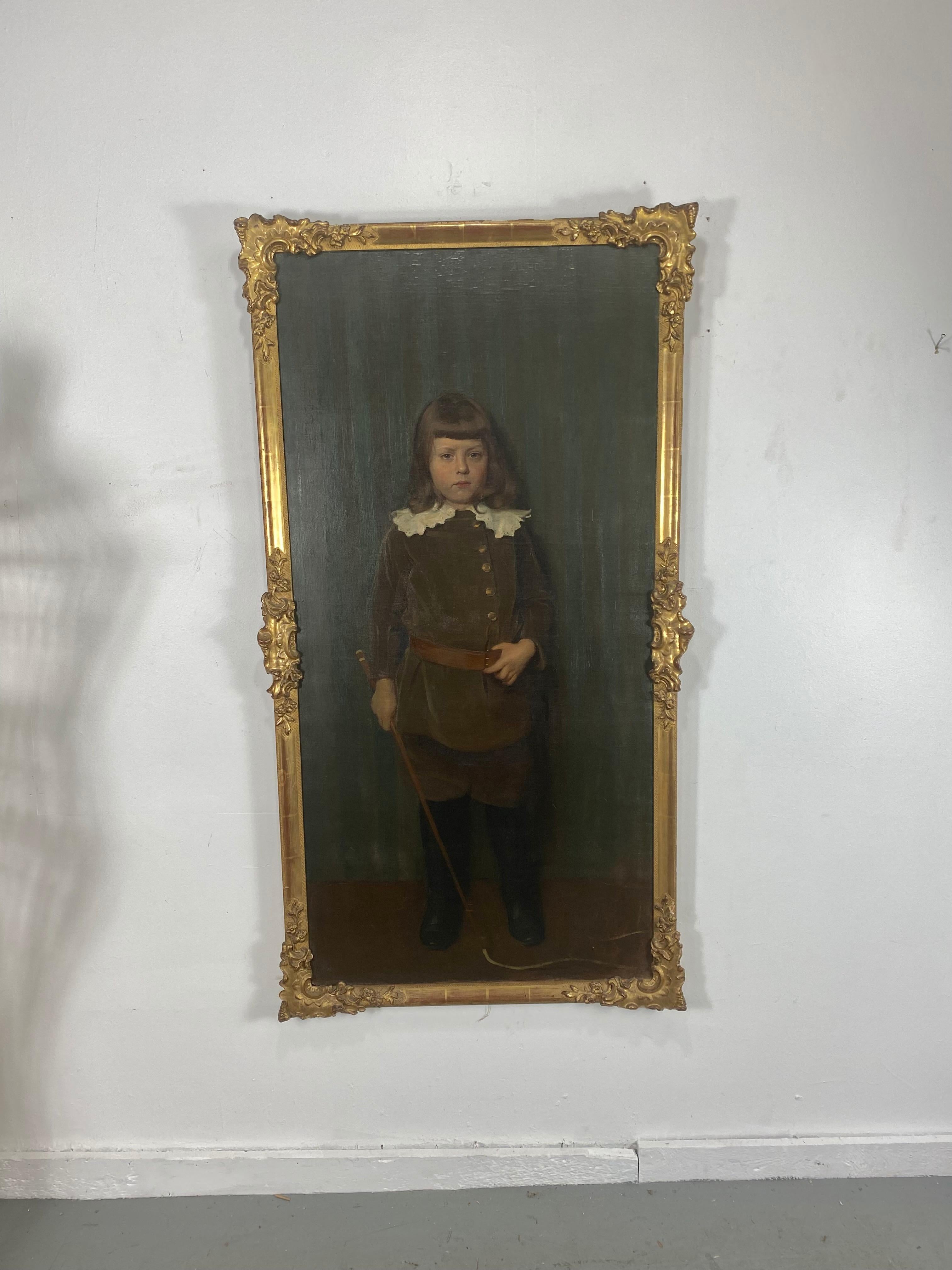 Large Antique 19th Century Genre Portrait of a Boy by Adolf Heller, Oil Painting In Good Condition For Sale In Buffalo, NY