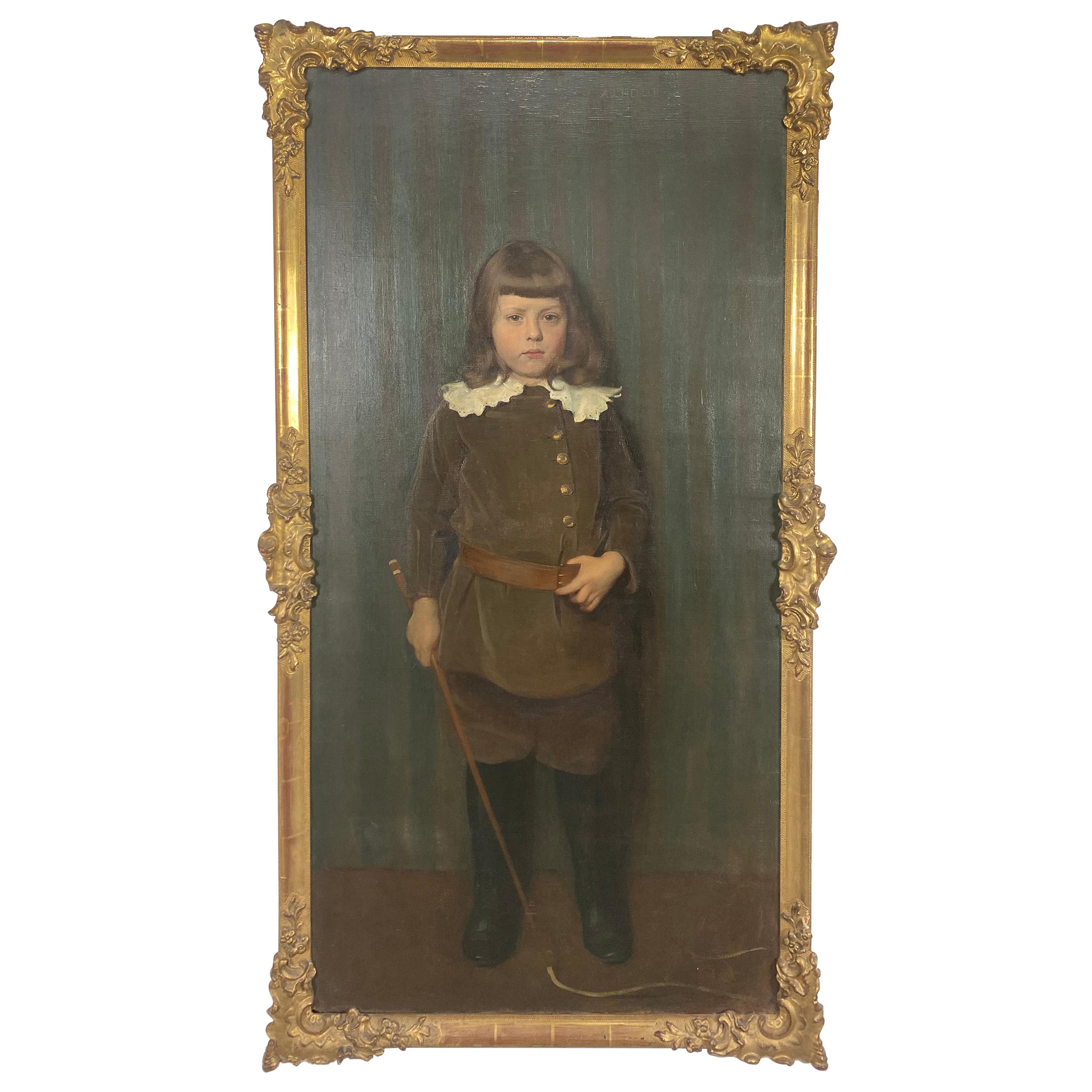 Grande ritratto di ragazzo del XIX secolo di Adolf Heller, pittura a olio