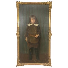 Gran retrato antiguo de género del siglo XIX de un niño por Adolf Heller, pintura al óleo