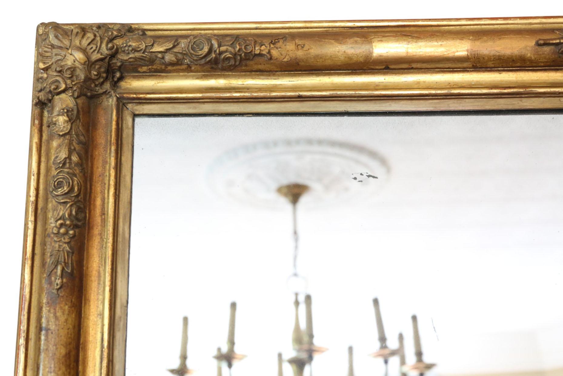 Large Antique 19th Century Gilt Overmantle Wall Mirror Ornate Gold Frame Vintage In Good Condition In Wisbech, Cambridgeshire