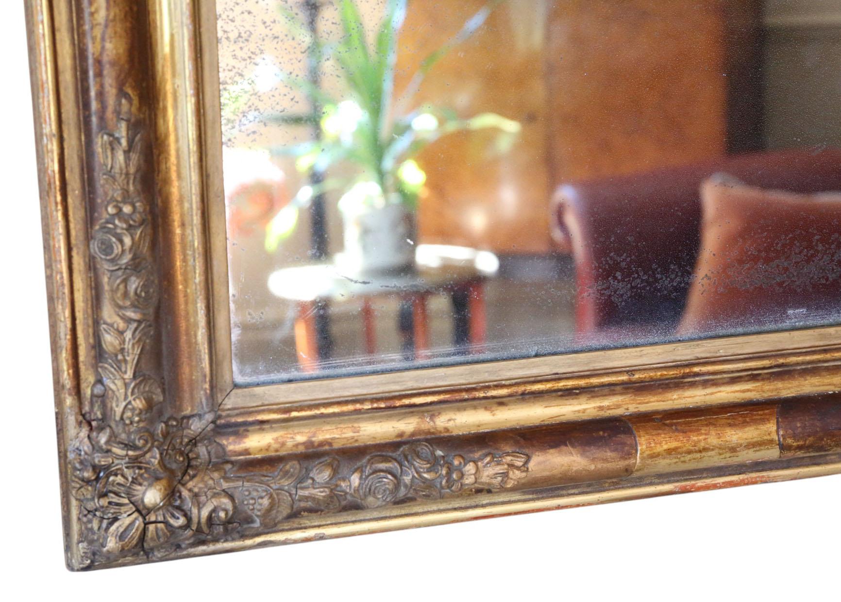 Large Antique 19th Century Gilt Overmantle Wall Mirror Ornate Gold Frame Vintage 1