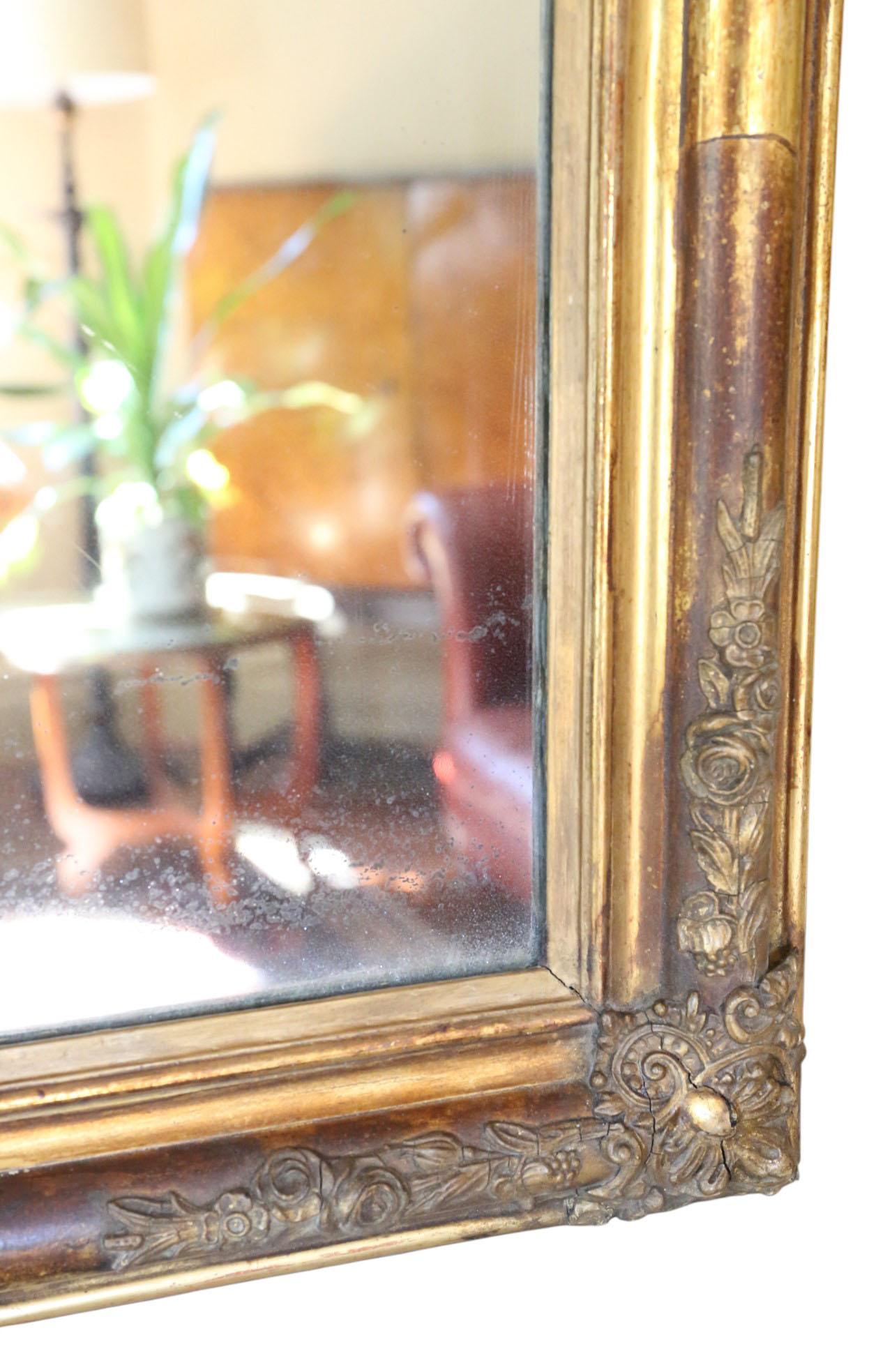 Large Antique 19th Century Gilt Overmantle Wall Mirror Ornate Gold Frame Vintage 2