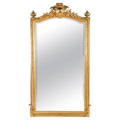 Grand miroir français ancien du 19ème siècle, doré à l'or avec crête, de style Louis XVI