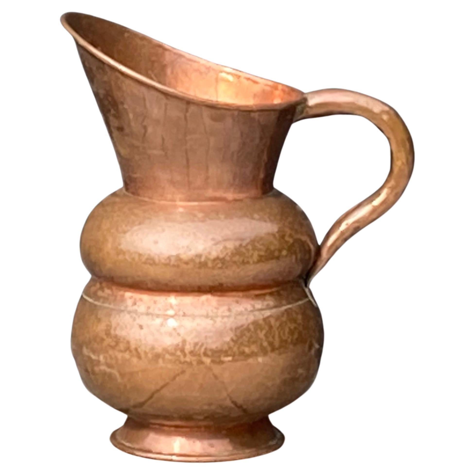 Large Antique 19th Century Hammered French Copper Water Jug with Handle For Sale