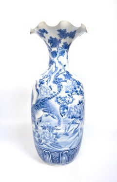 Large Antique 19th Century Japanese Blue and White Scalloped Porcelain Vase