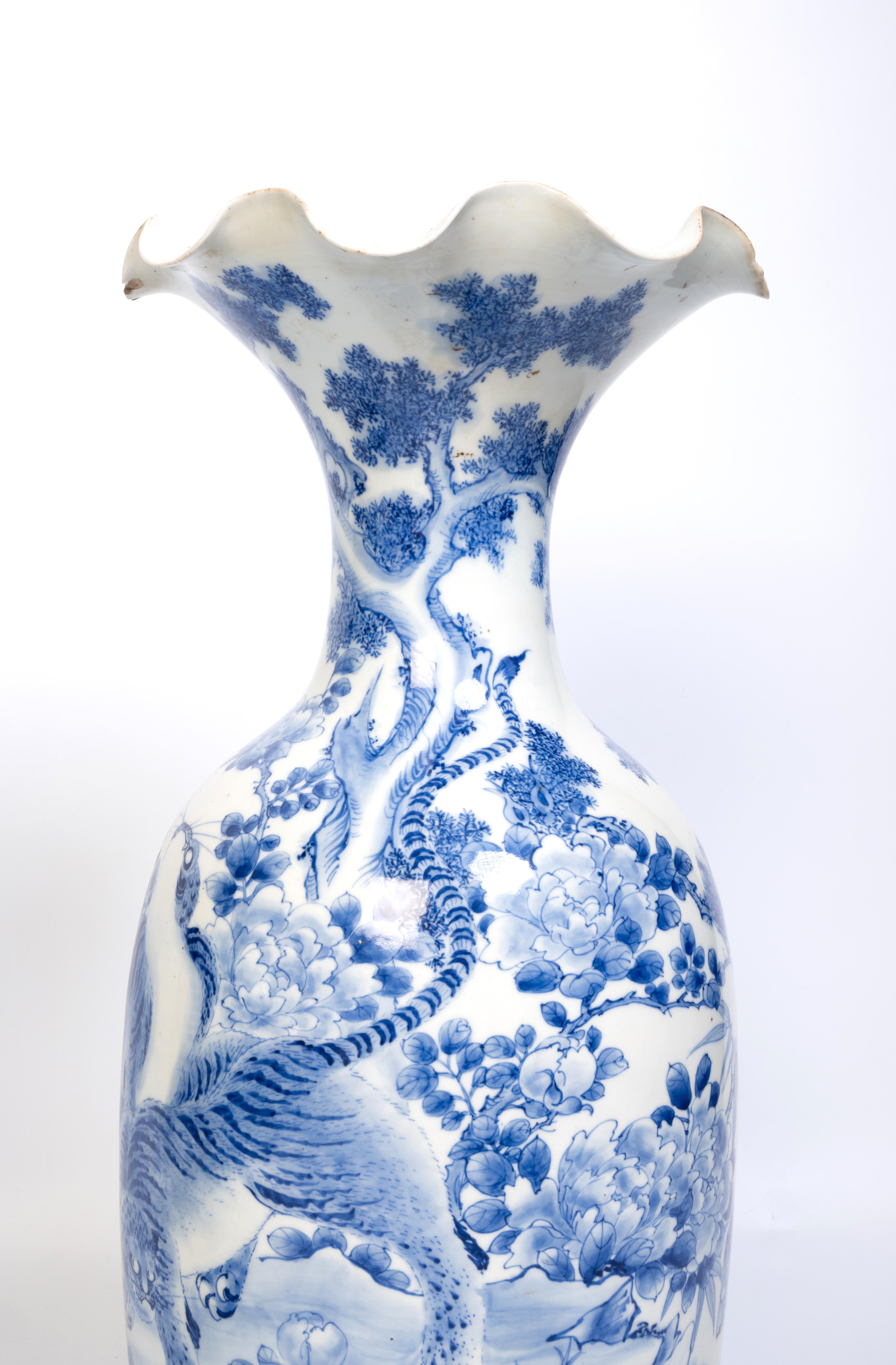 Meiji Large Antique 19th Century Japanese Blue and White Scalloped Porcelain Vase For Sale
