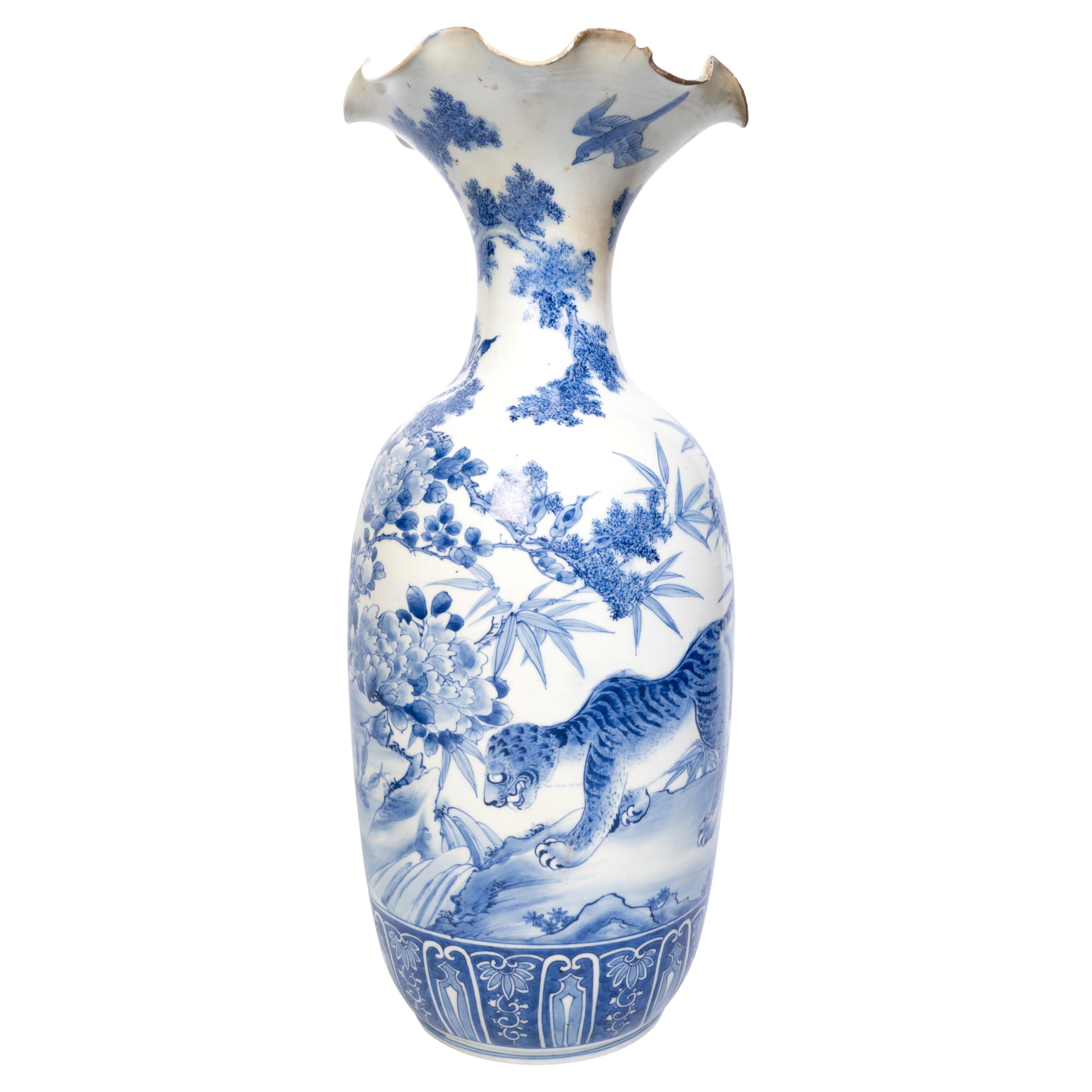 Large Antique 19th Century Japanese Blue and White Scalloped Porcelain Vase For Sale