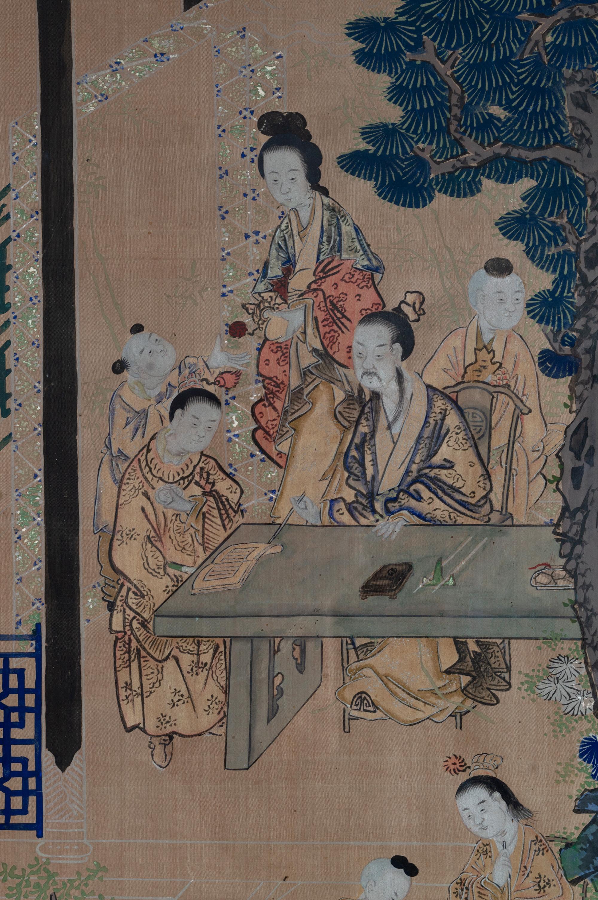 Large Antique 19th Century Japanese Meiji Period Framed Silk Painting In Good Condition For Sale In London, GB