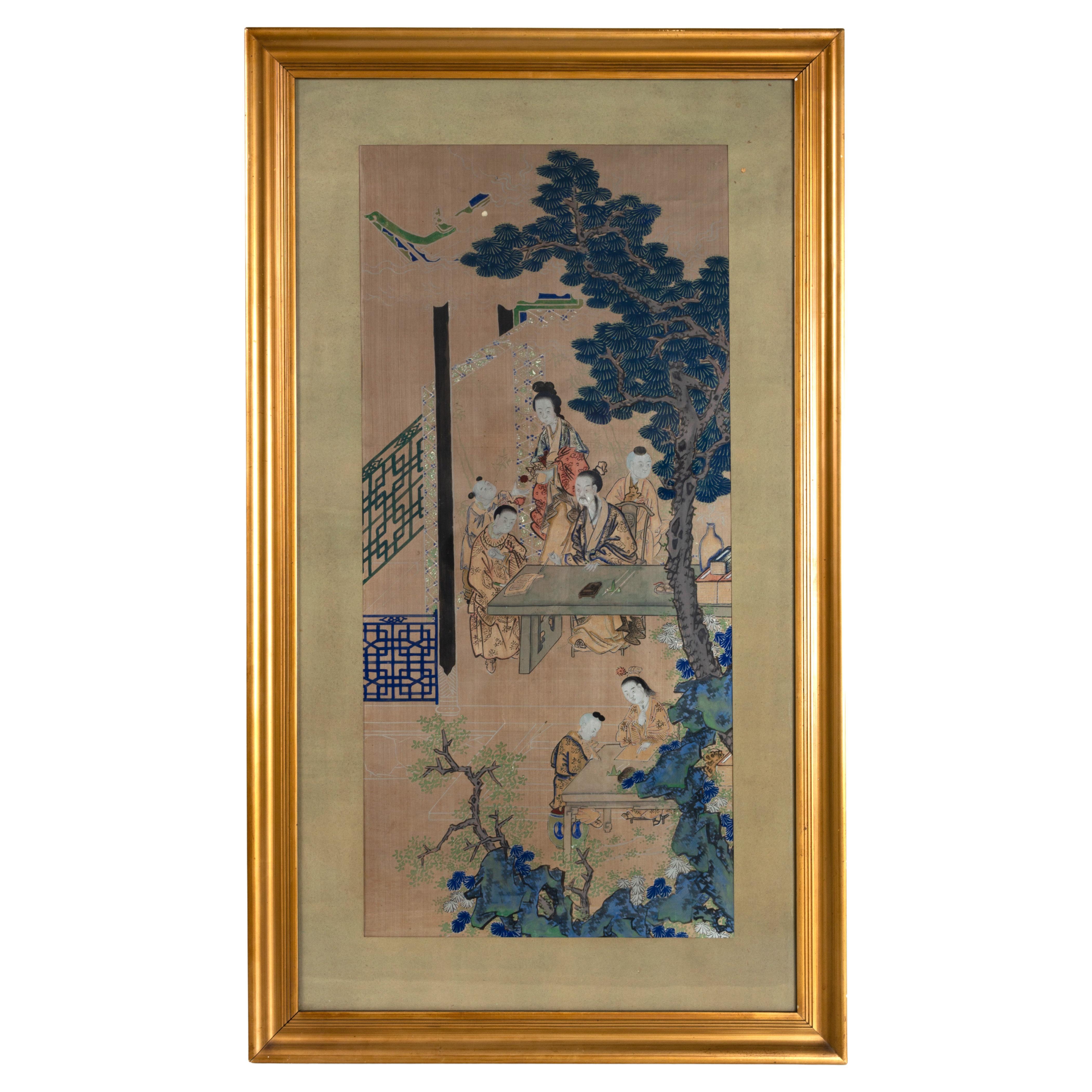 Großes antikes japanisches gerahmtes Seidengemälde aus der Meiji-Periode des 19. Jahrhunderts