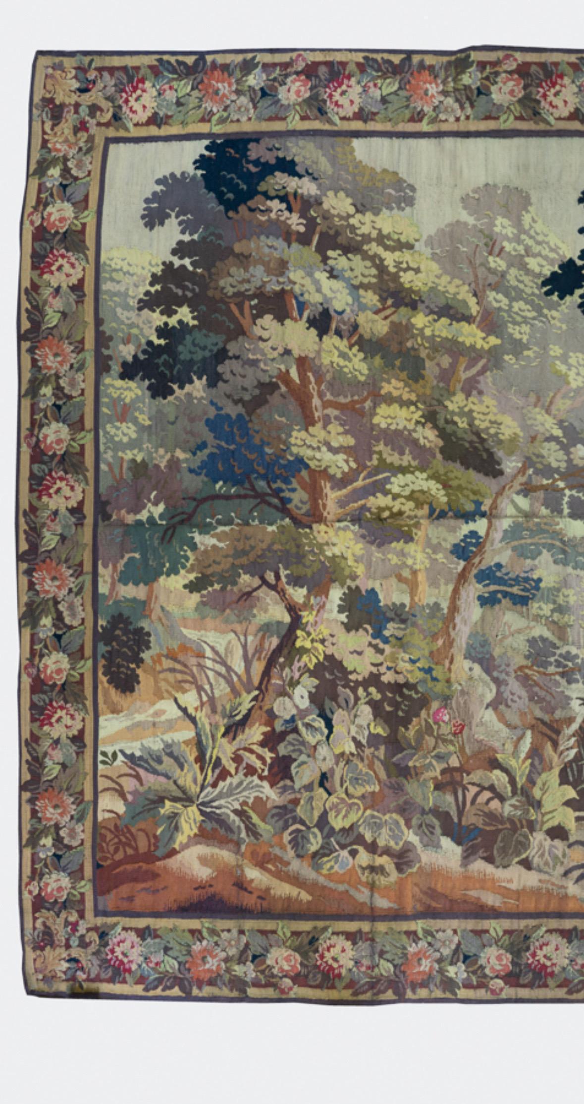 Große antike 19. Jahrhundert Lavendel Französisch Verdure Handloom Wandteppich (Handgewebt) im Angebot