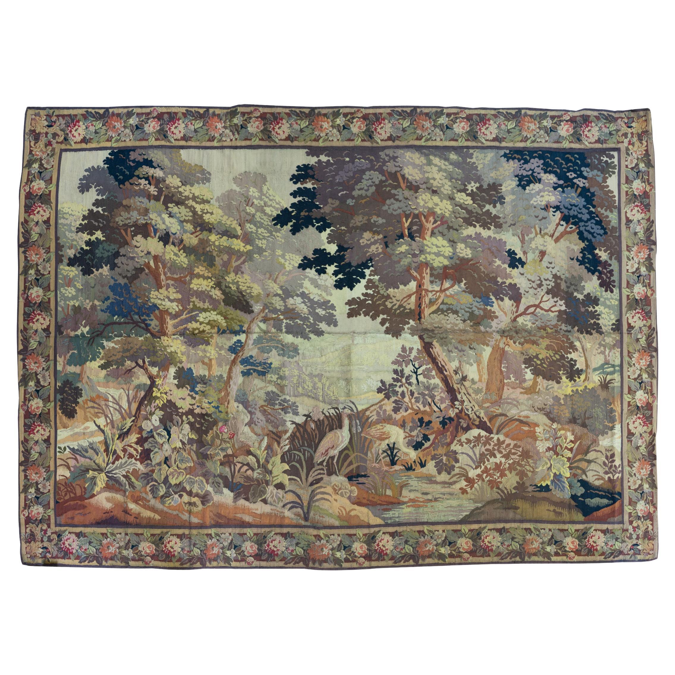 Große antike 19. Jahrhundert Lavendel Französisch Verdure Handloom Wandteppich im Angebot