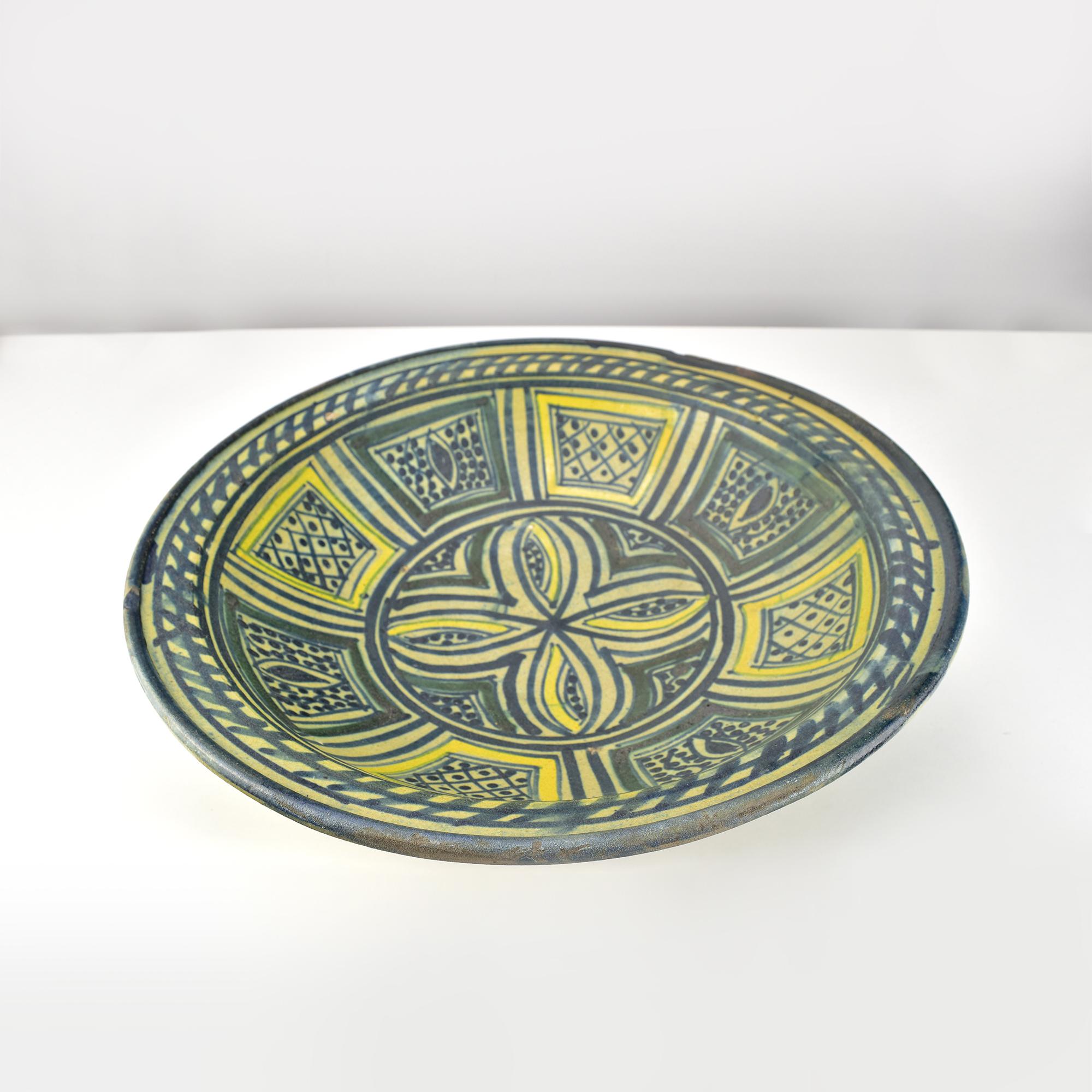 Tribal Large Antique 19th Century Moroccan Polychrome Footed Ceramic Bowl from Fez For Sale