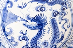 Large Antique 19th Century Qing Dynasty Chinese Blue & White Dragon Plate