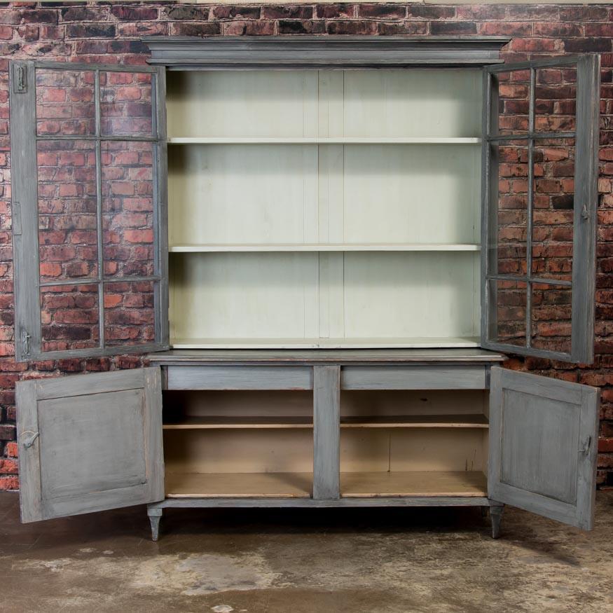 Large Antique 19th Century Swedish Glass Front Bookcase Painted Gray In Good Condition In Round Top, TX