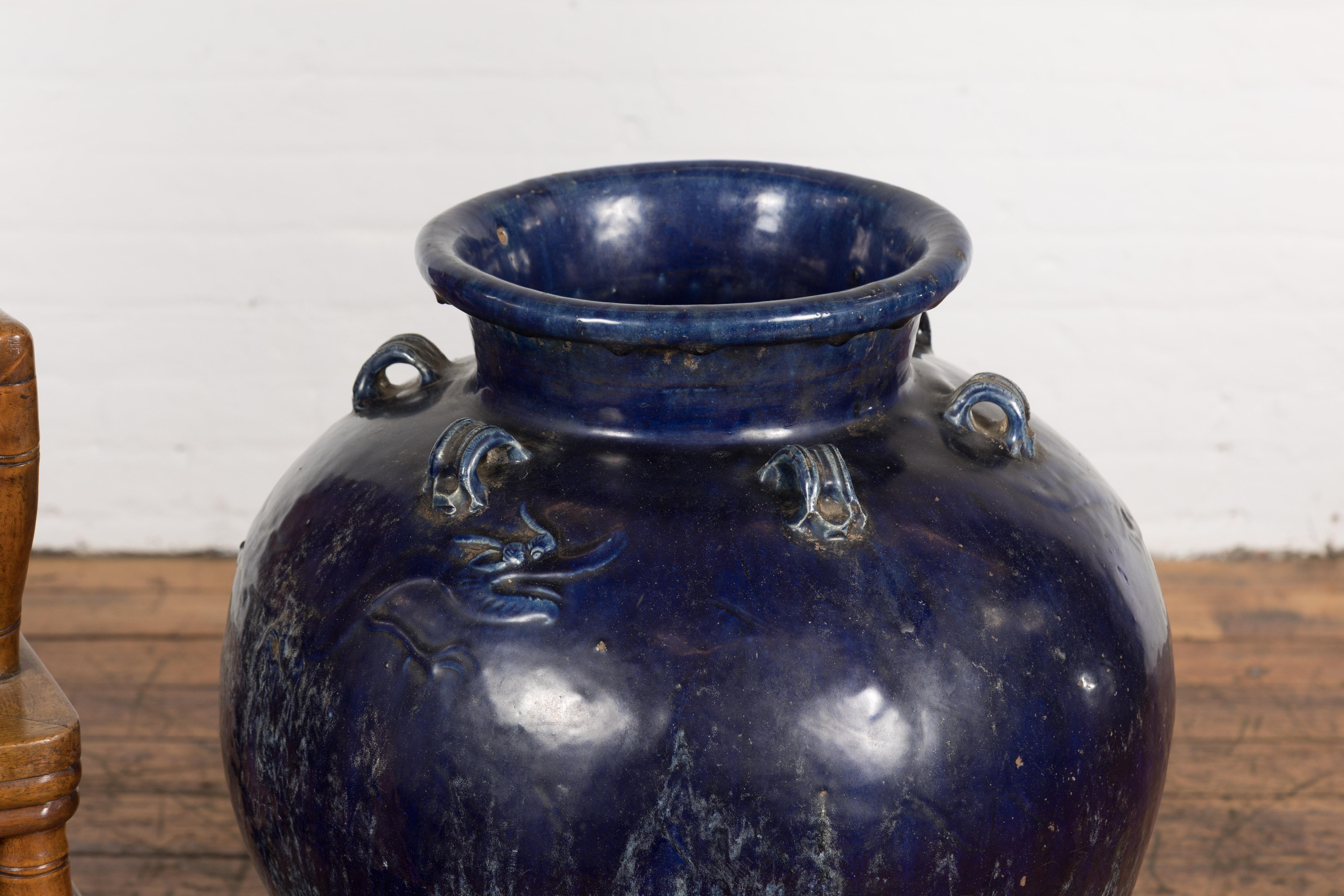 Large Antique 19th Century Thai Cobalt Blue Martaban Jar with Dragon Motif For Sale 4