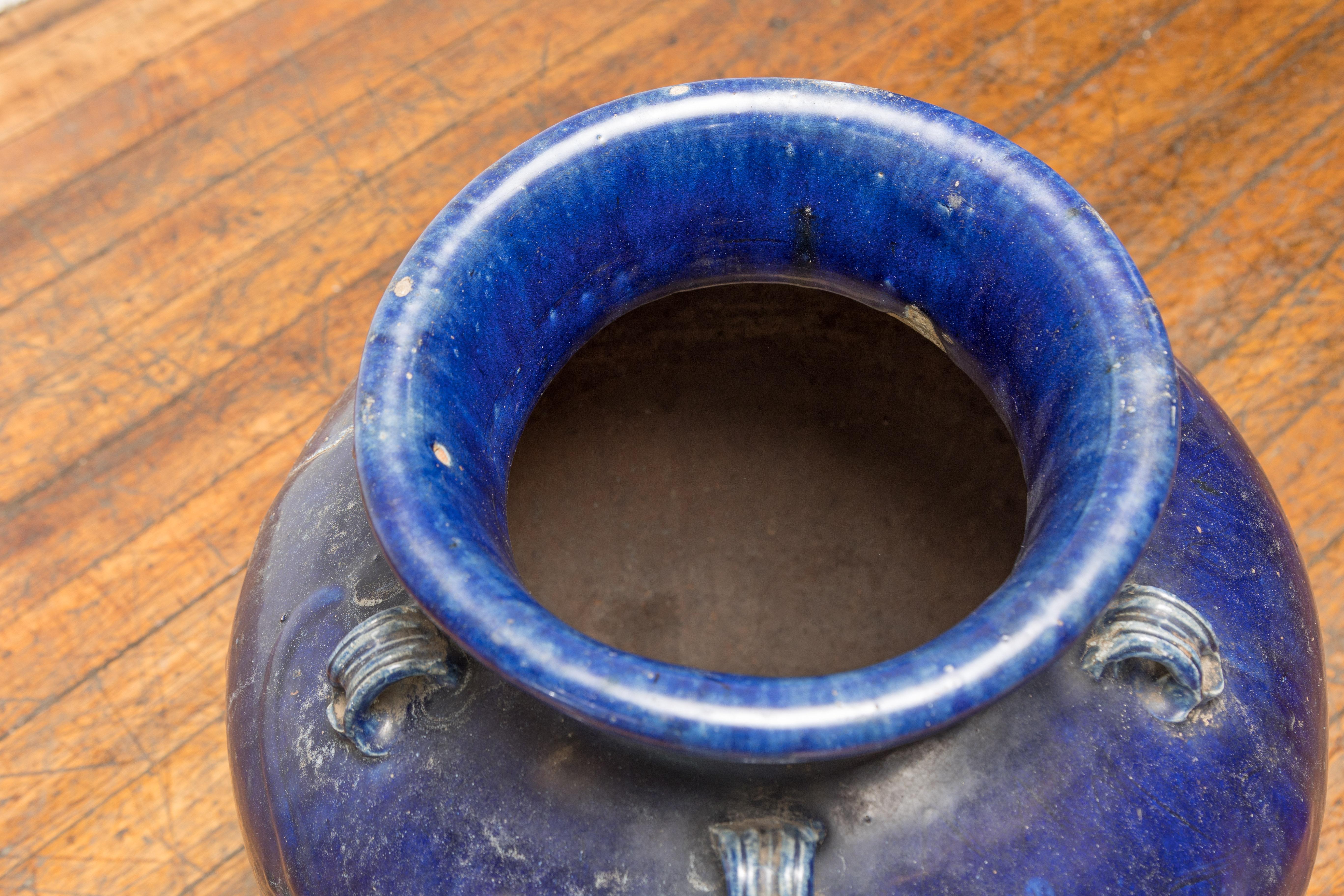 Large Antique 19th Century Thai Cobalt Blue Martaban Jar with Dragon Motif For Sale 5