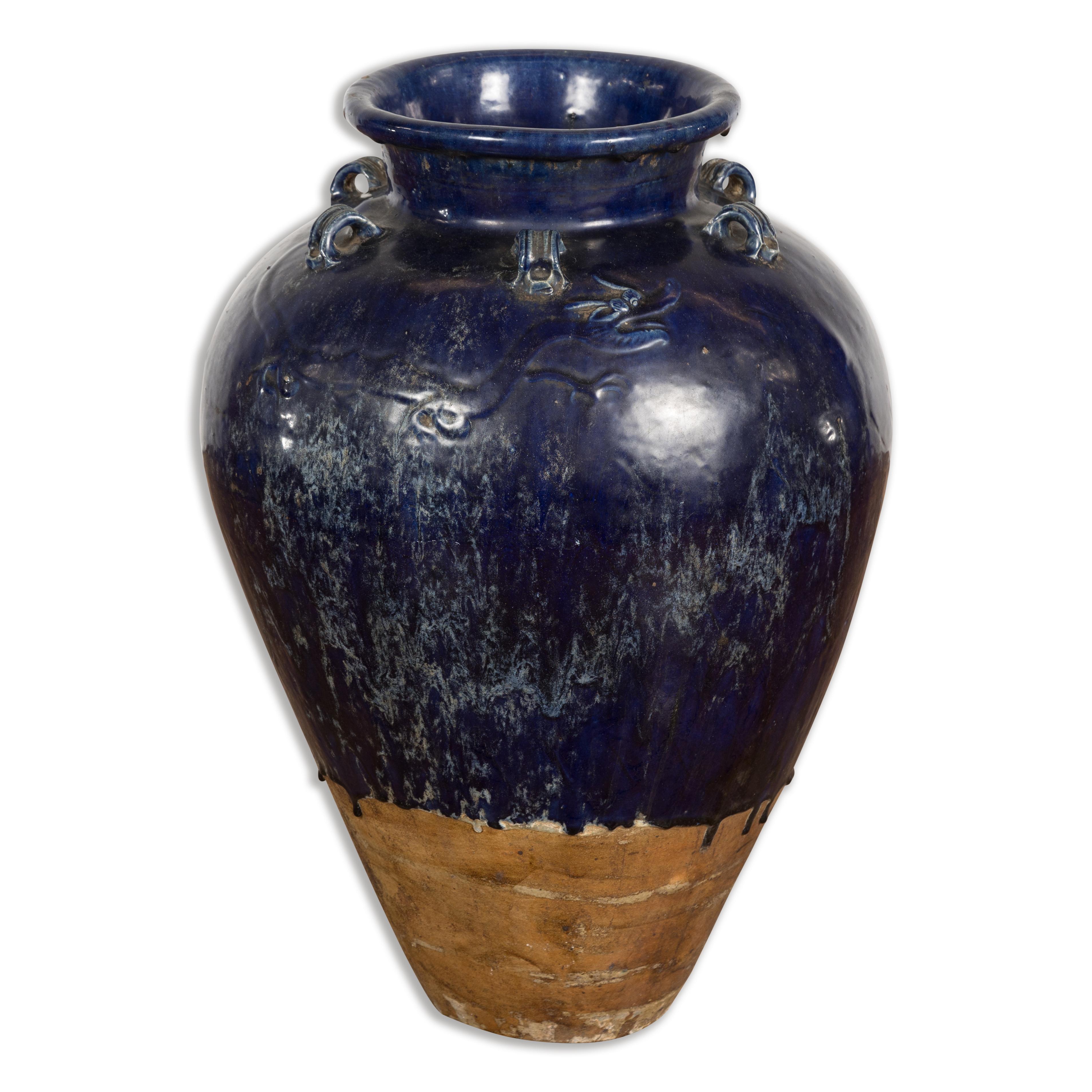 Large Antique 19th Century Thai Cobalt Blue Martaban Jar with Dragon Motif For Sale 7