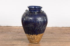 Large Antique 19th Century Thai Cobalt Blue Martaban Jar with Dragon Motif