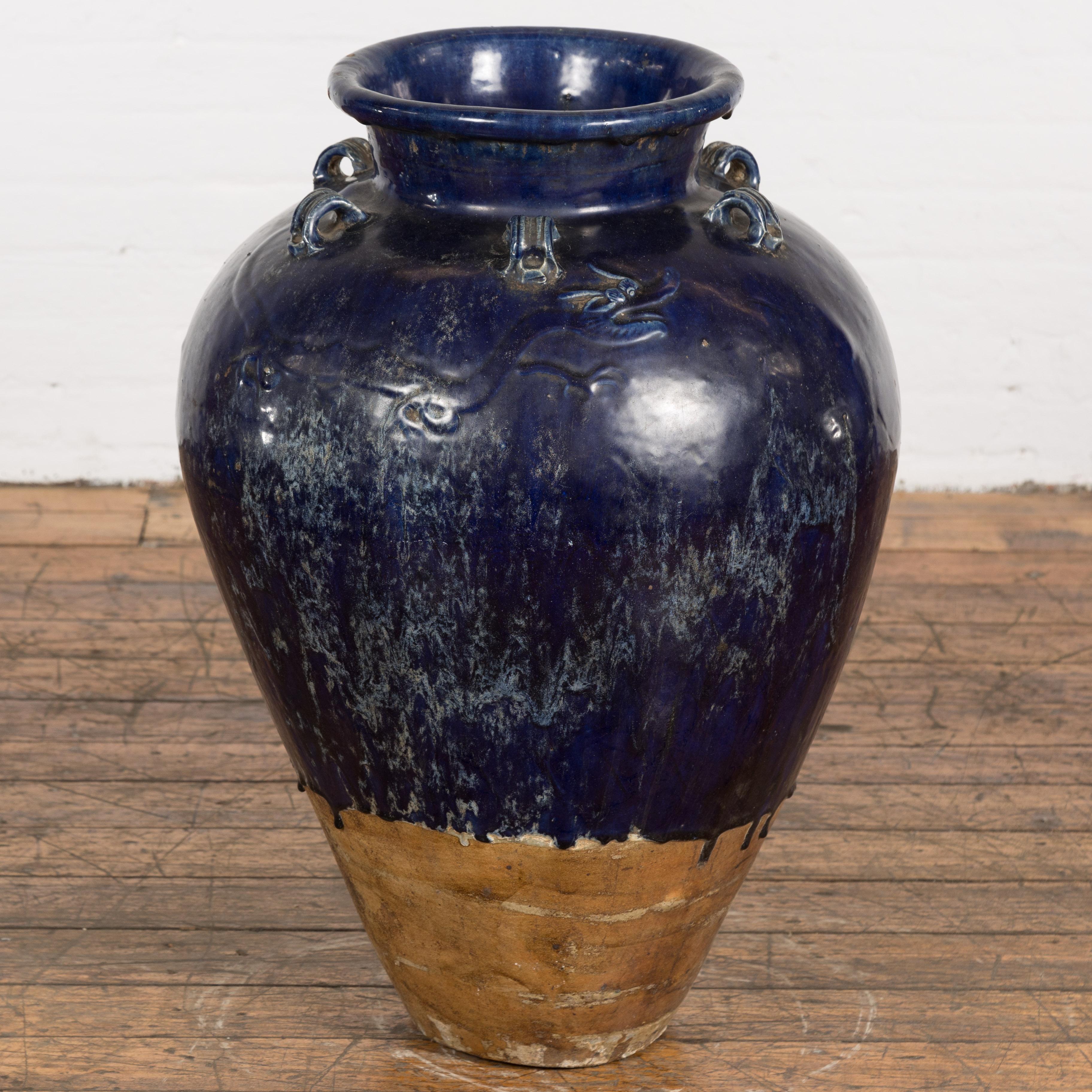 Ceramic Large Antique 19th Century Thai Cobalt Blue Martaban Jar with Dragon Motif For Sale