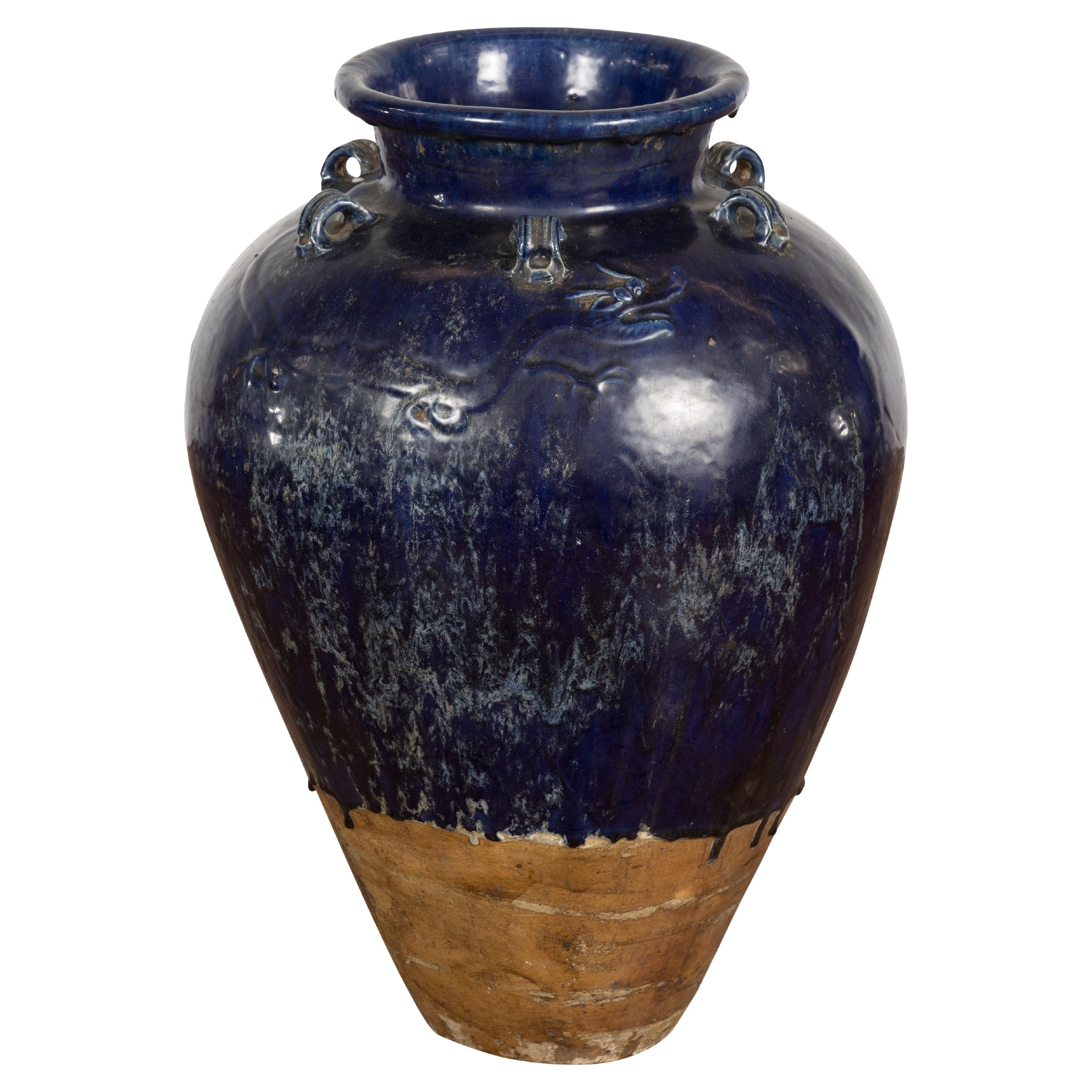 Grand pot Martaban bleu cobalt thaïlandais ancien du 19ème siècle avec motif de dragon