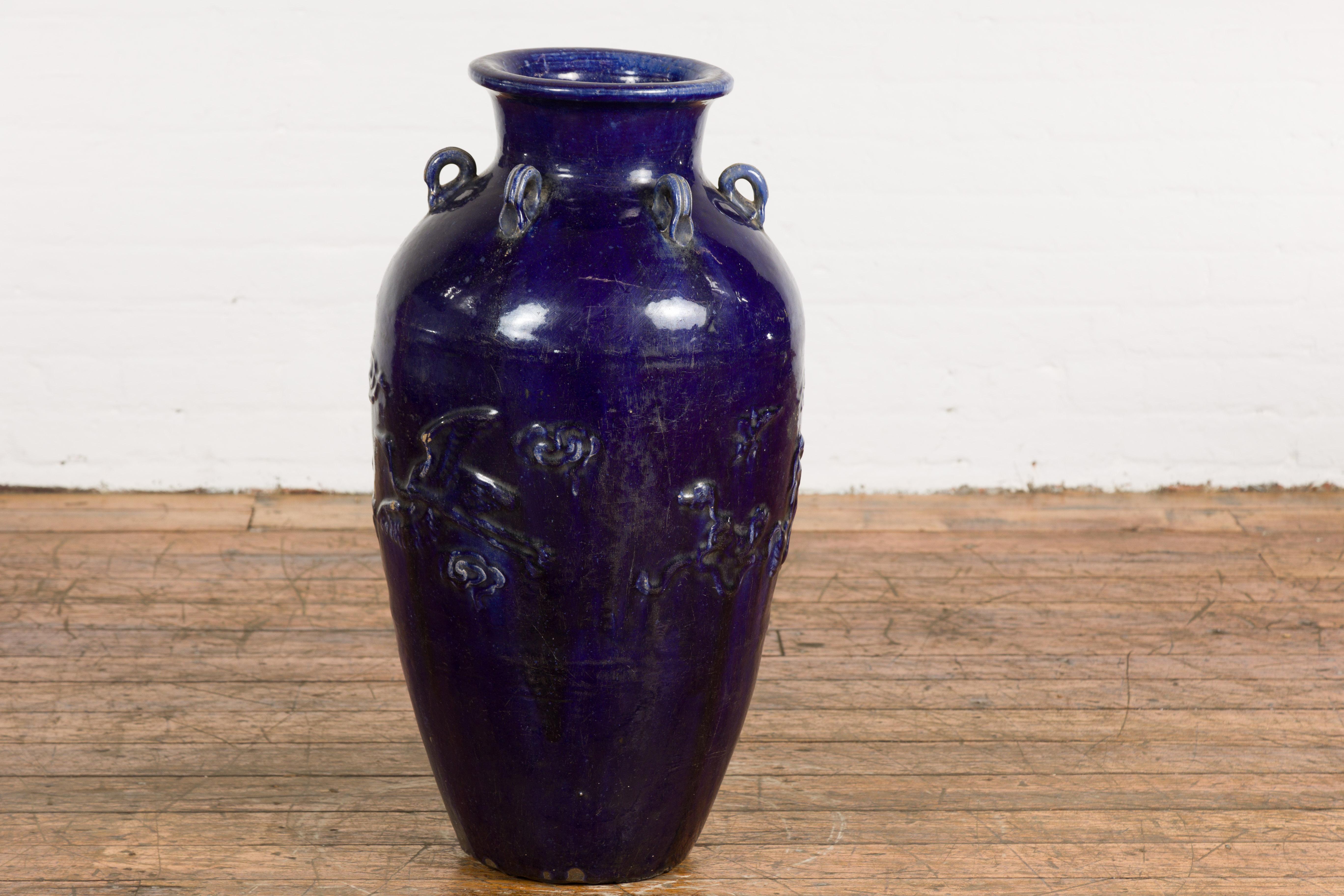 Large Antique 19th Century Thai Cobalt Blue Martaban Jar with Raised Motifs For Sale 3