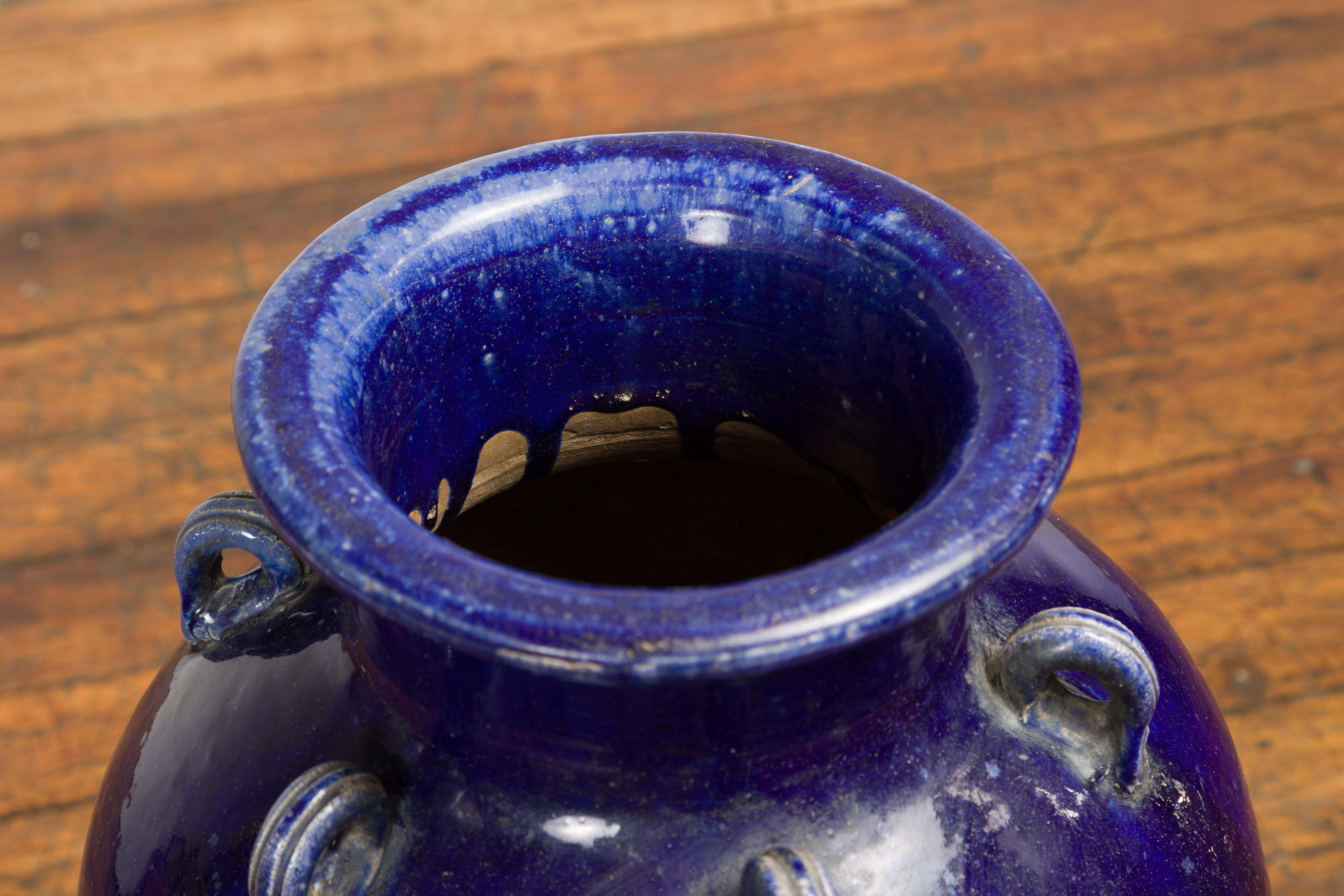 Large Antique 19th Century Thai Cobalt Blue Martaban Jar with Raised Motifs For Sale 5