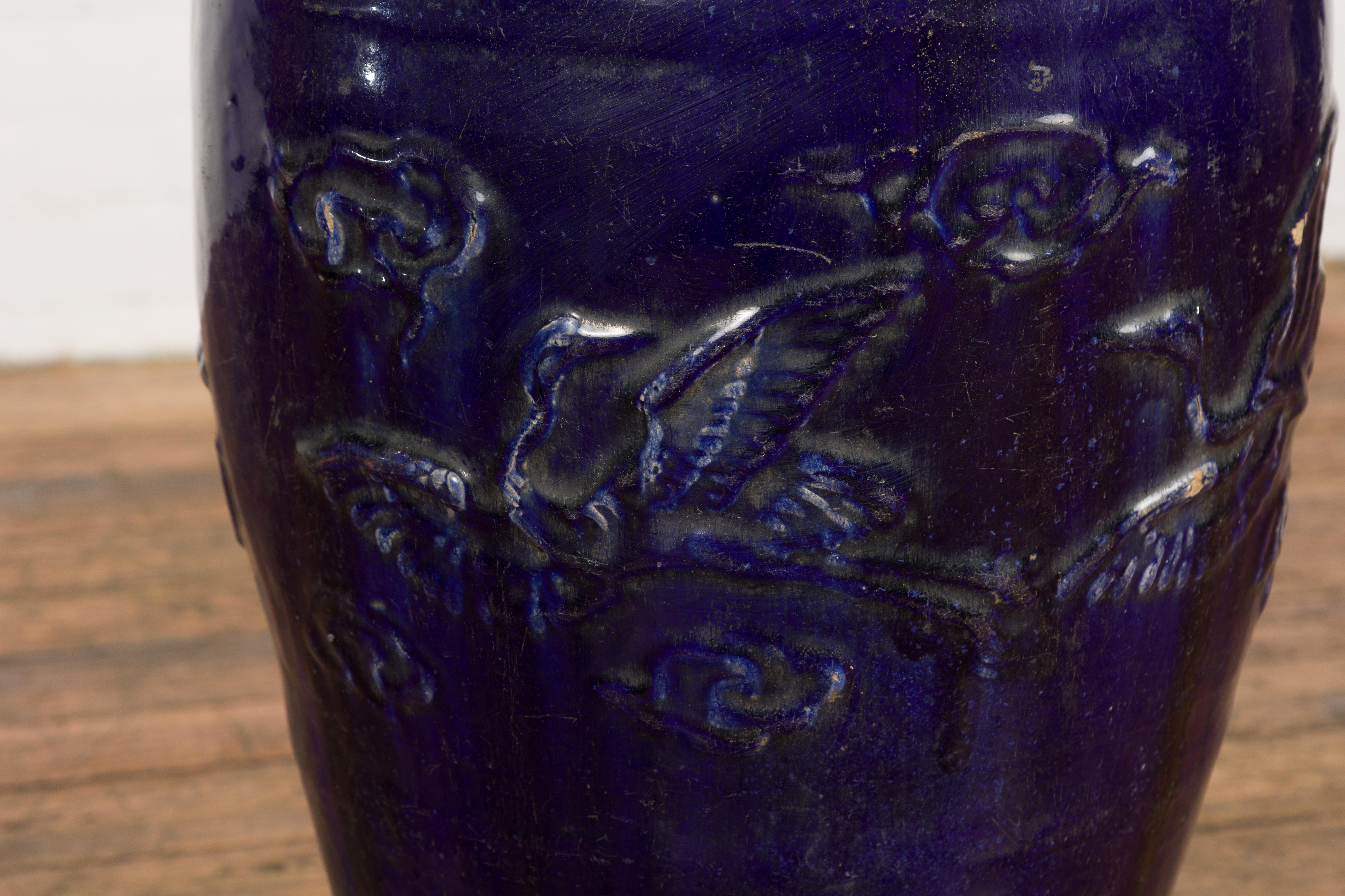 Large Antique 19th Century Thai Cobalt Blue Martaban Jar with Raised Motifs For Sale 6