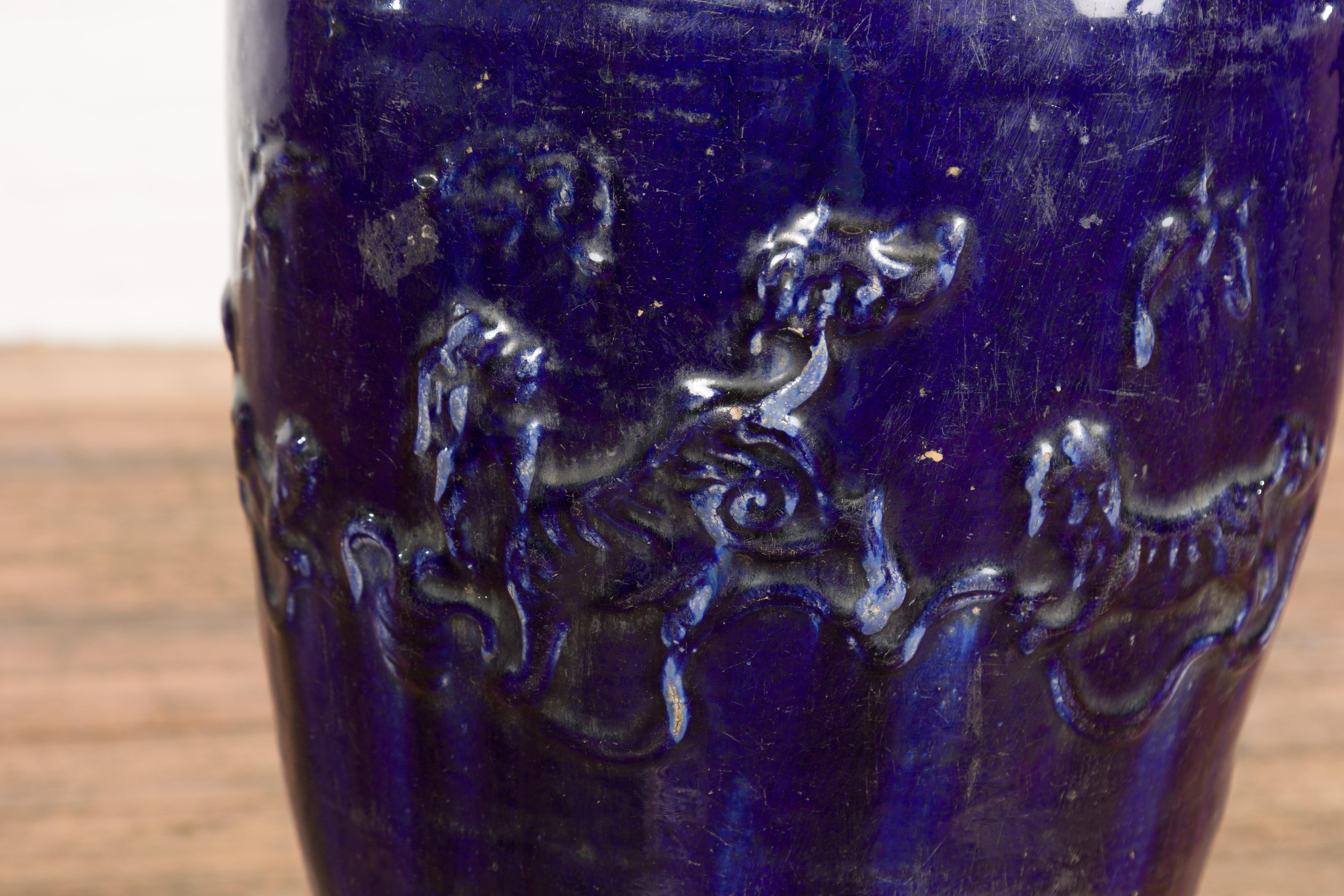 Large Antique 19th Century Thai Cobalt Blue Martaban Jar with Raised Motifs For Sale 8