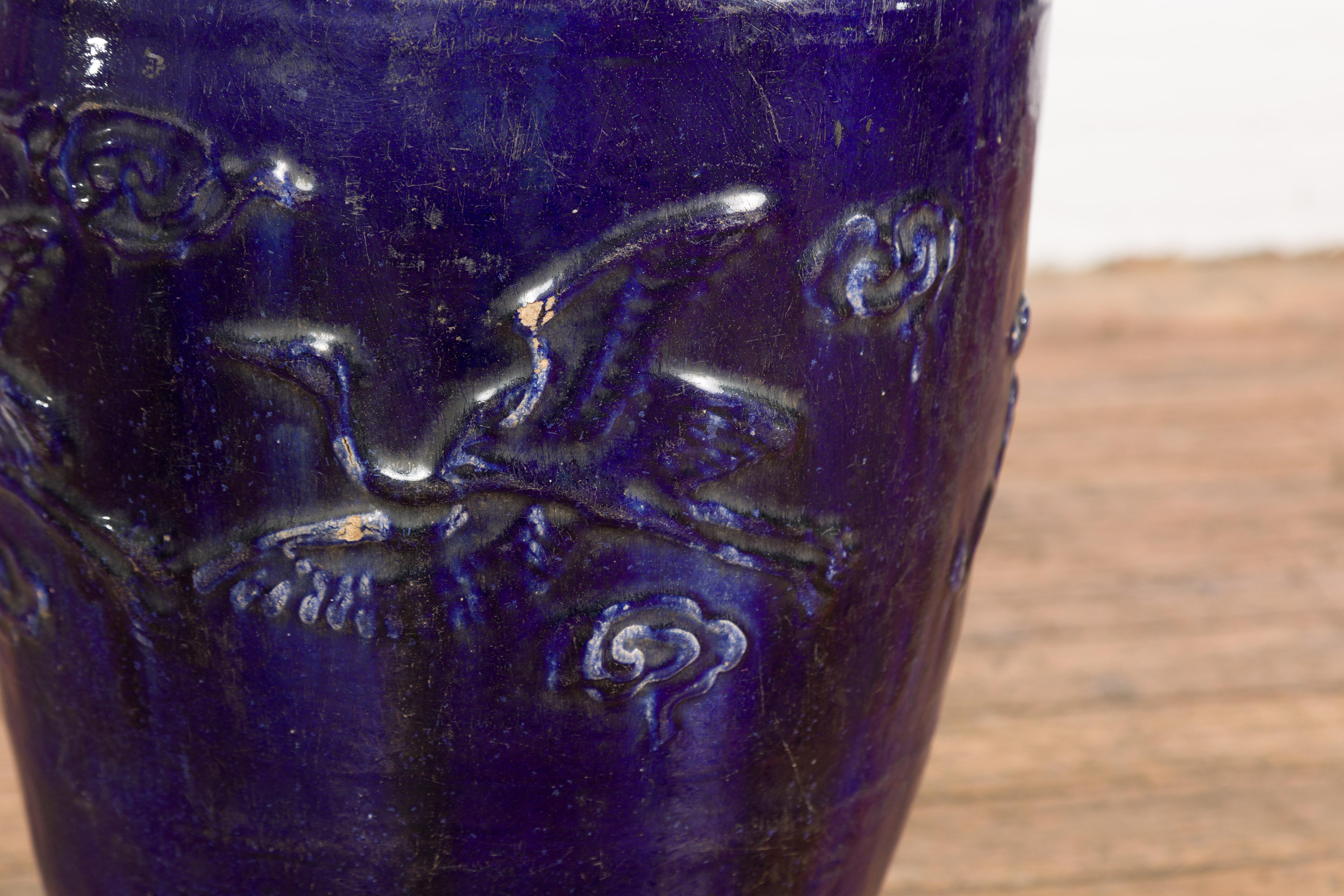 Large Antique 19th Century Thai Cobalt Blue Martaban Jar with Raised Motifs For Sale 9