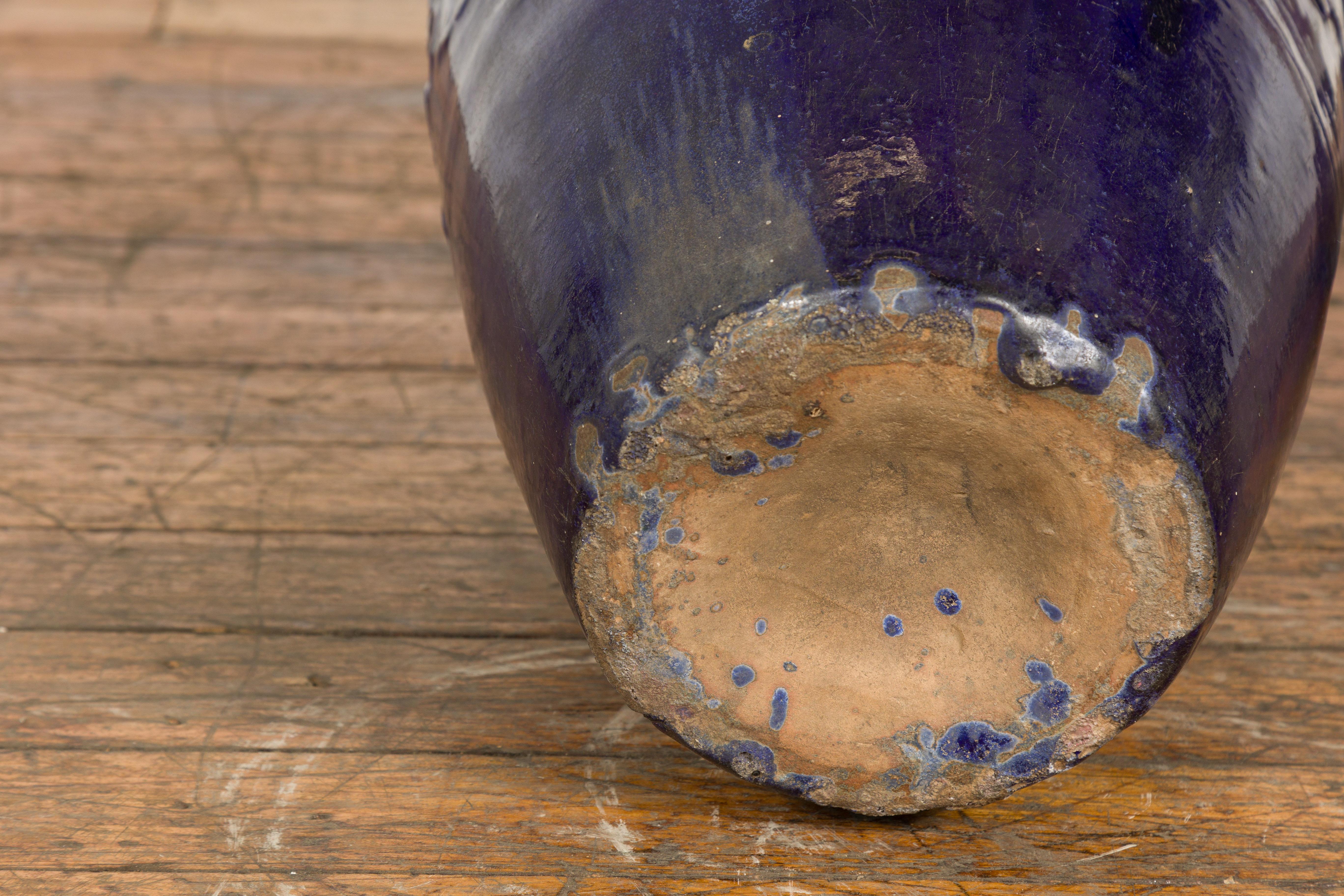Large Antique 19th Century Thai Cobalt Blue Martaban Jar with Raised Motifs For Sale 10