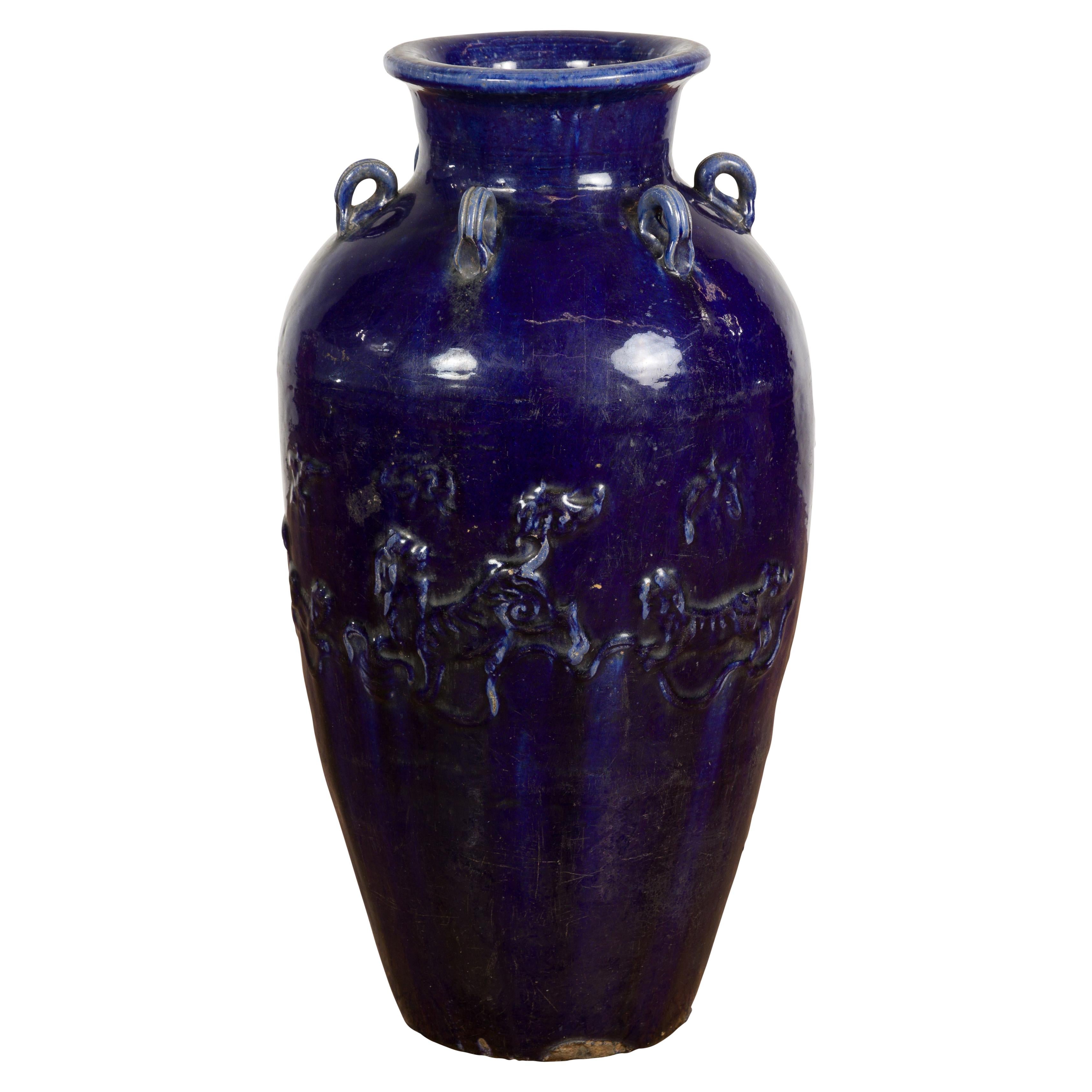 Large Antique 19th Century Thai Cobalt Blue Martaban Jar with Raised Motifs For Sale 12