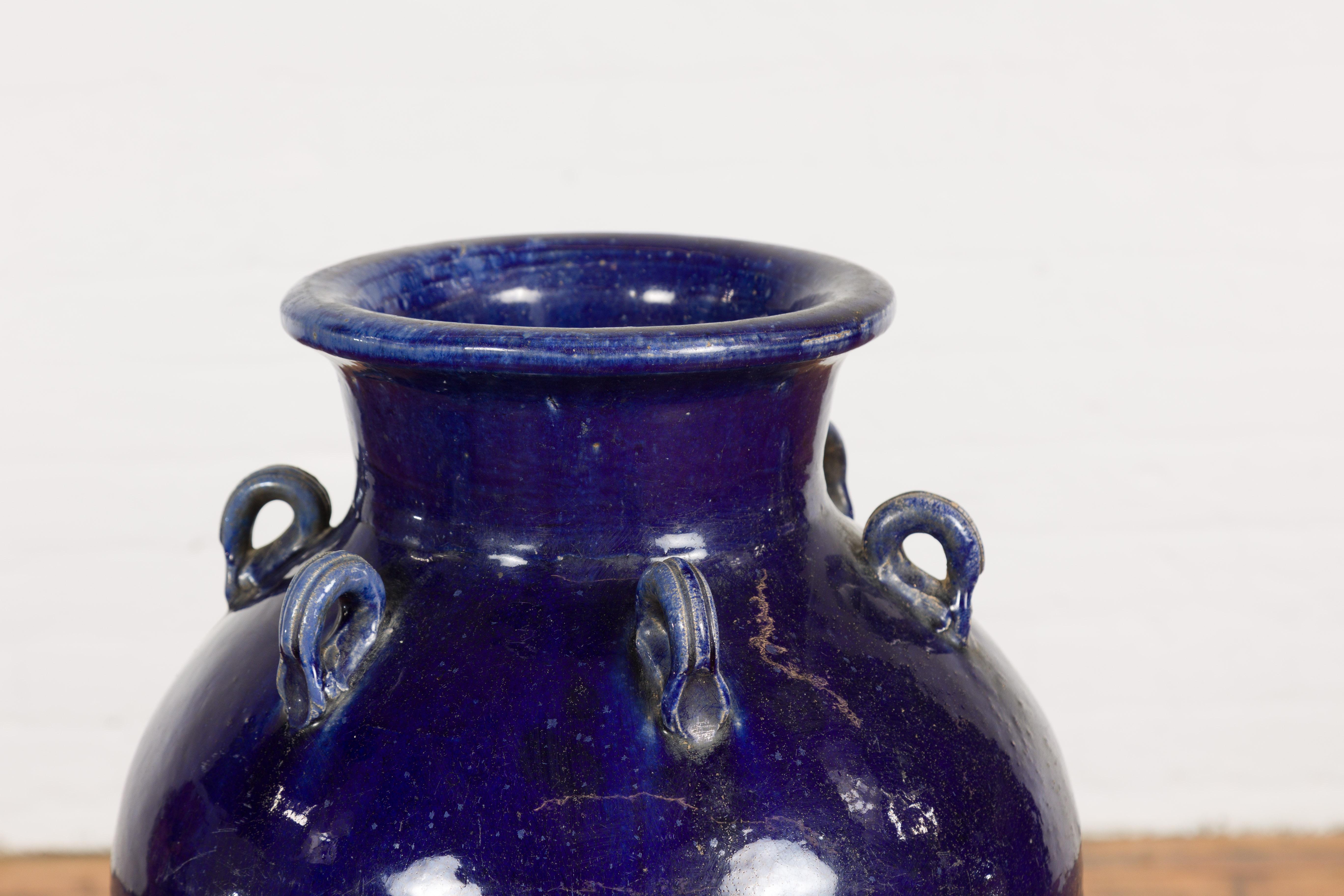 Glazed Large Antique 19th Century Thai Cobalt Blue Martaban Jar with Raised Motifs For Sale