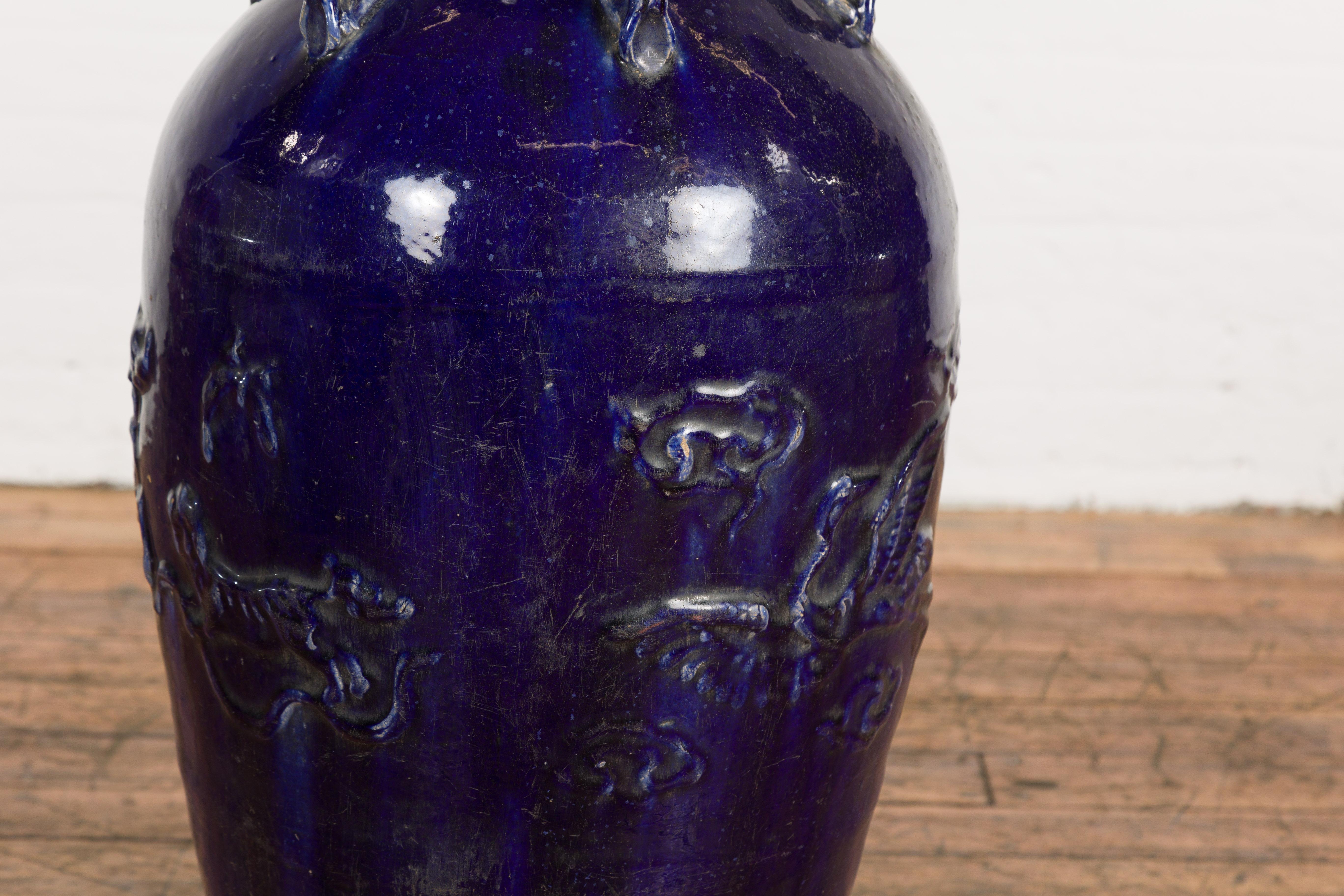 Ceramic Large Antique 19th Century Thai Cobalt Blue Martaban Jar with Raised Motifs For Sale