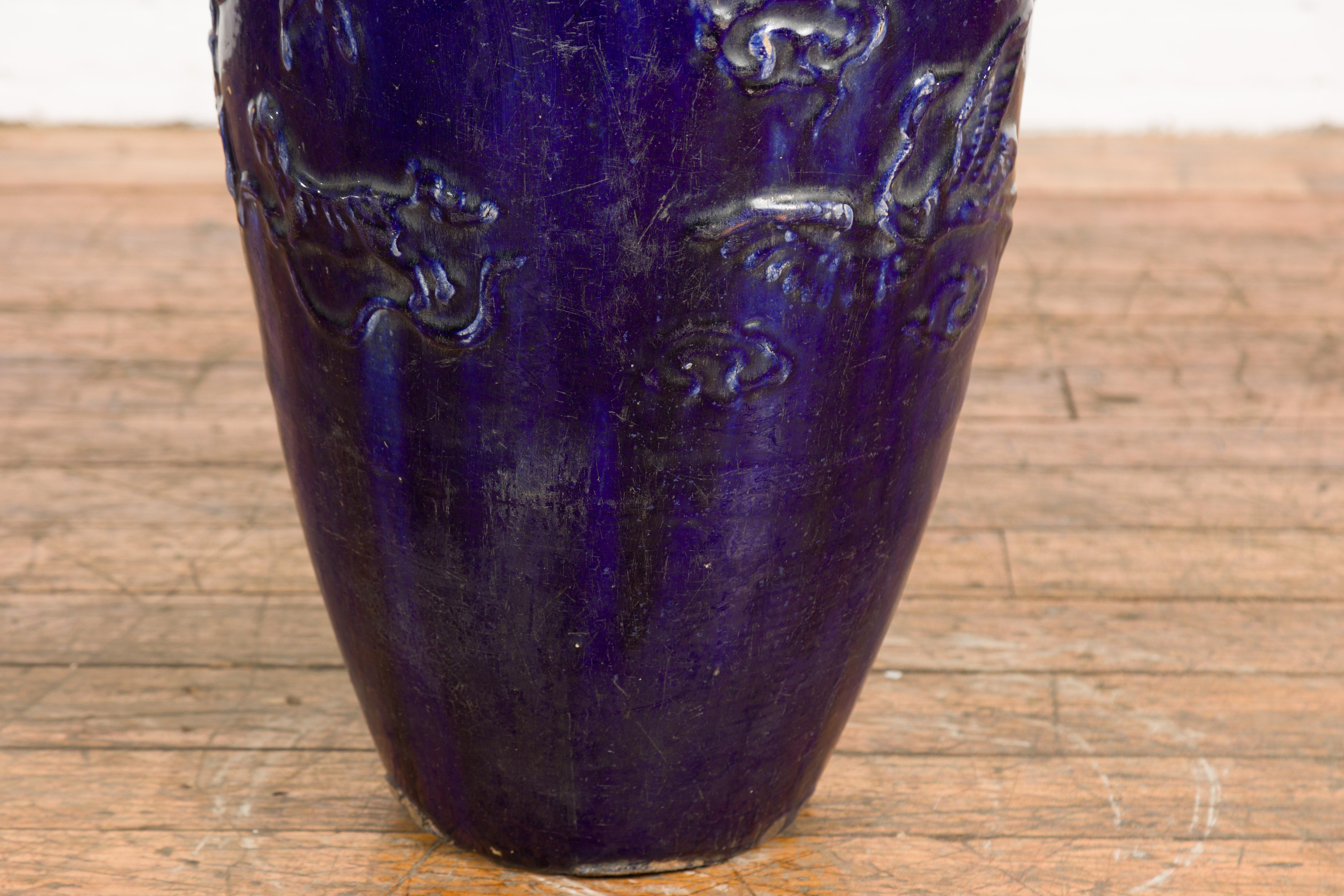 Ceramic Large Antique 19th Century Thai Cobalt Blue Martaban Jar with Raised Motifs For Sale