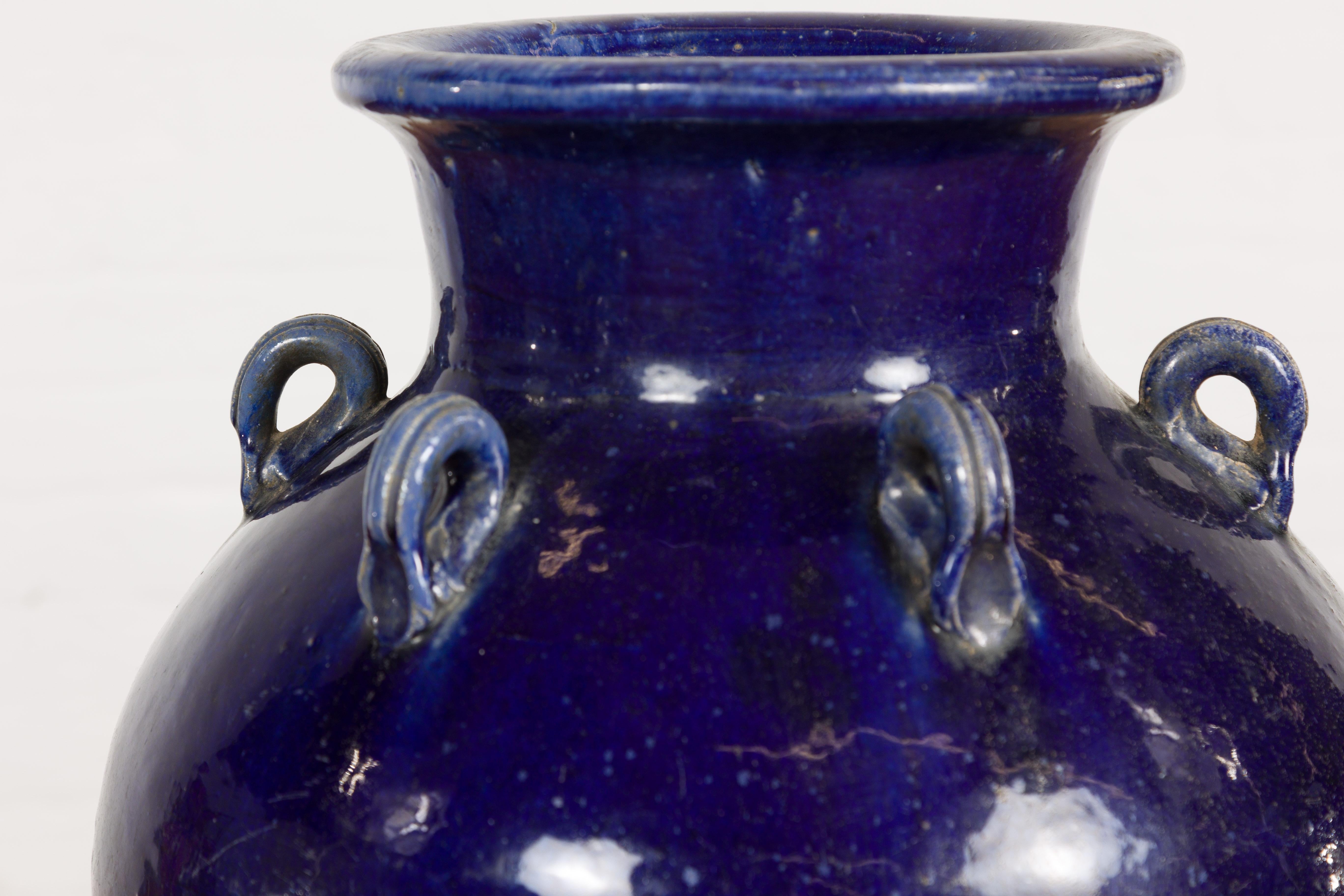 Large Antique 19th Century Thai Cobalt Blue Martaban Jar with Raised Motifs For Sale 1