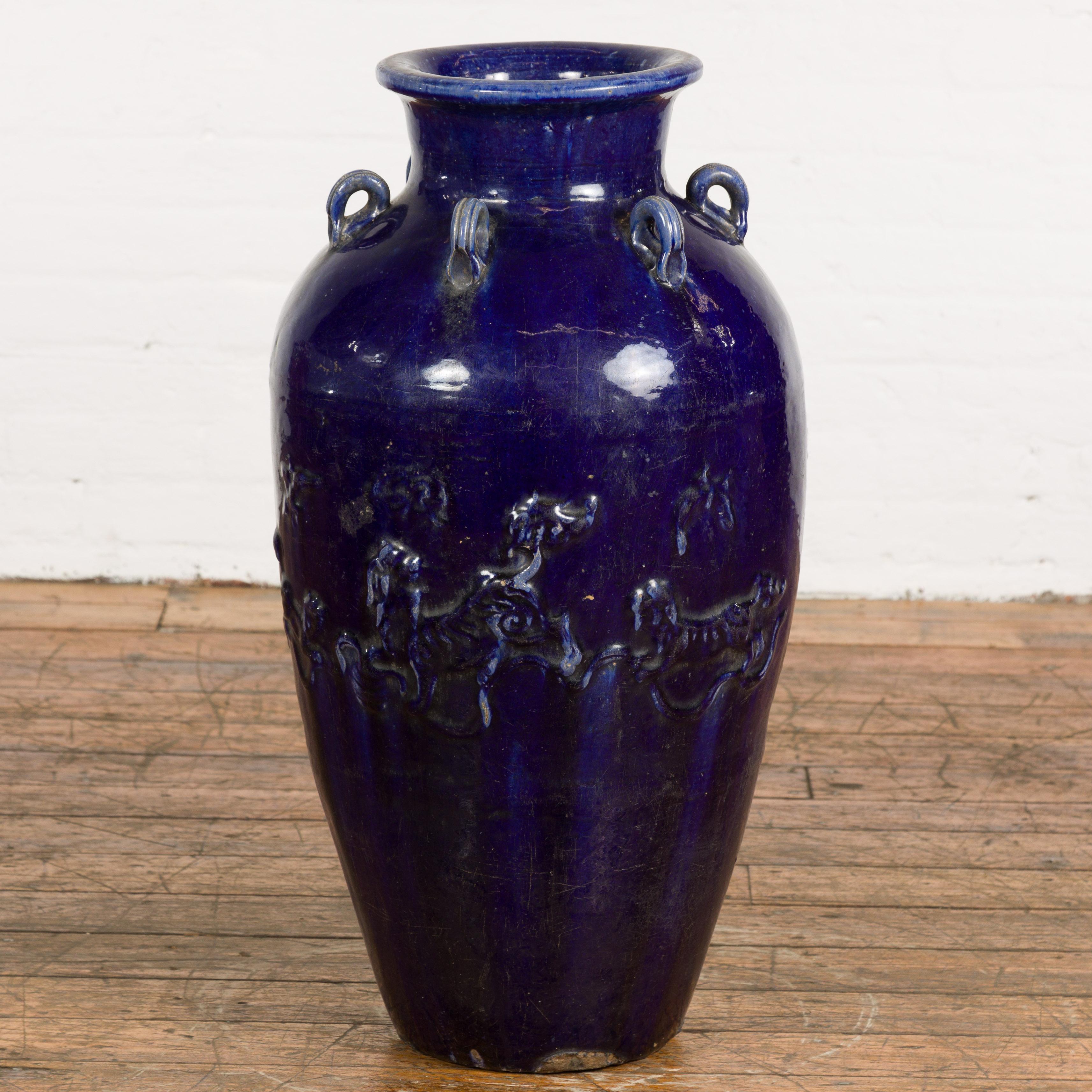 Large Antique 19th Century Thai Cobalt Blue Martaban Jar with Raised Motifs For Sale 2