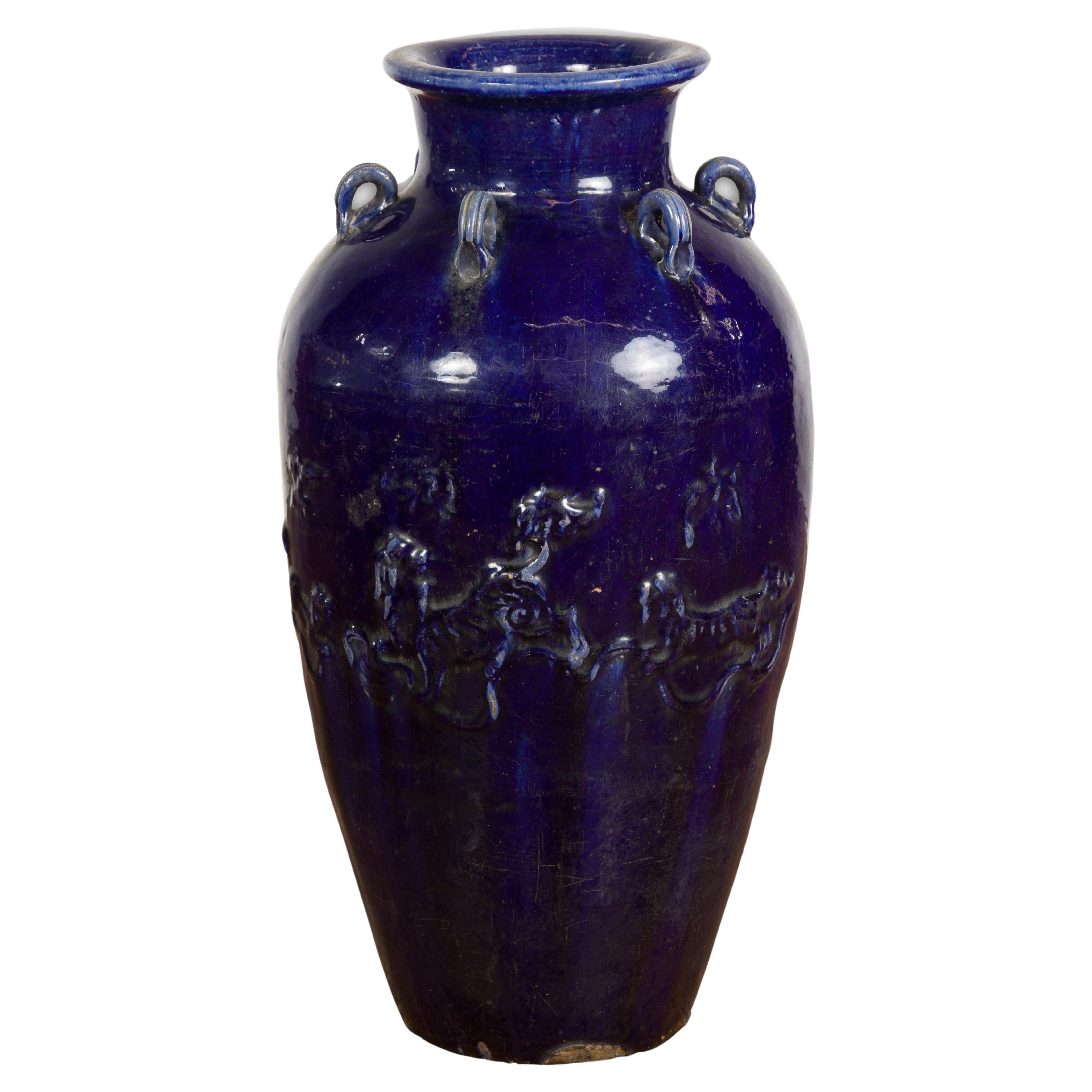 Large Antique 19th Century Thai Cobalt Blue Martaban Jar with Raised Motifs For Sale