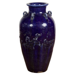 Large Antique 19th Century Thai Cobalt Blue Martaban Jar with Raised Motifs