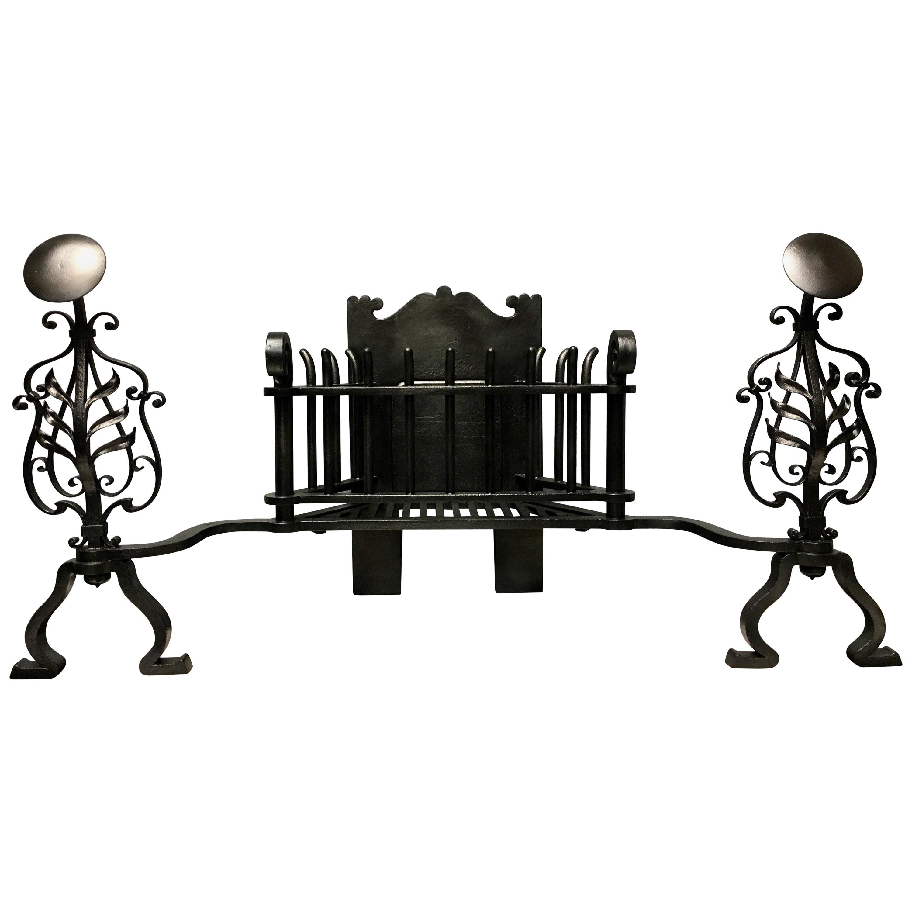Large Antique Fireplace, English, Wrought Iron, Fire Basket, Andirons ...