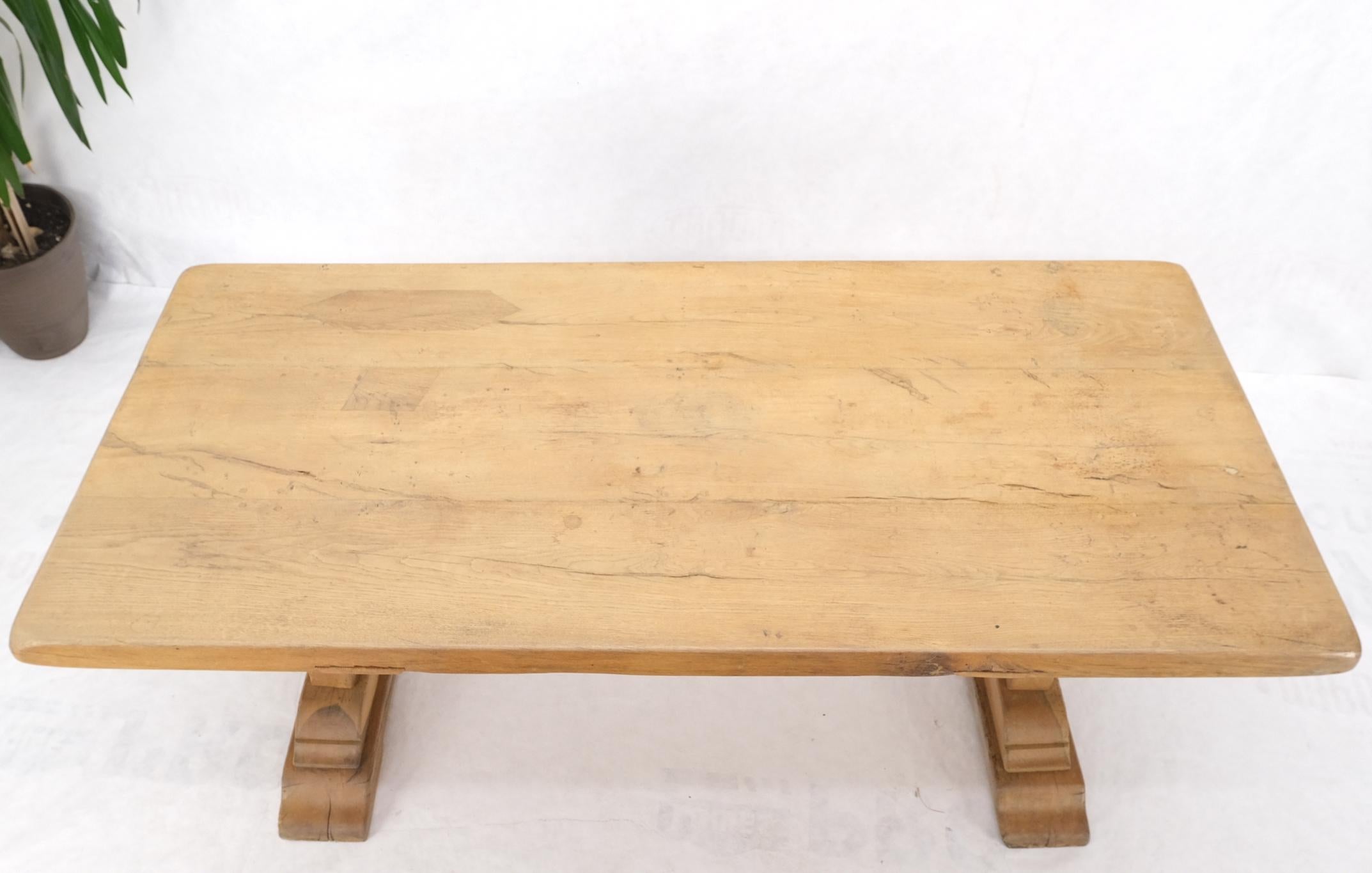 20th Century Large Antique Solid Oak Slab Top Trestle Farm Dining Conference Table For Sale