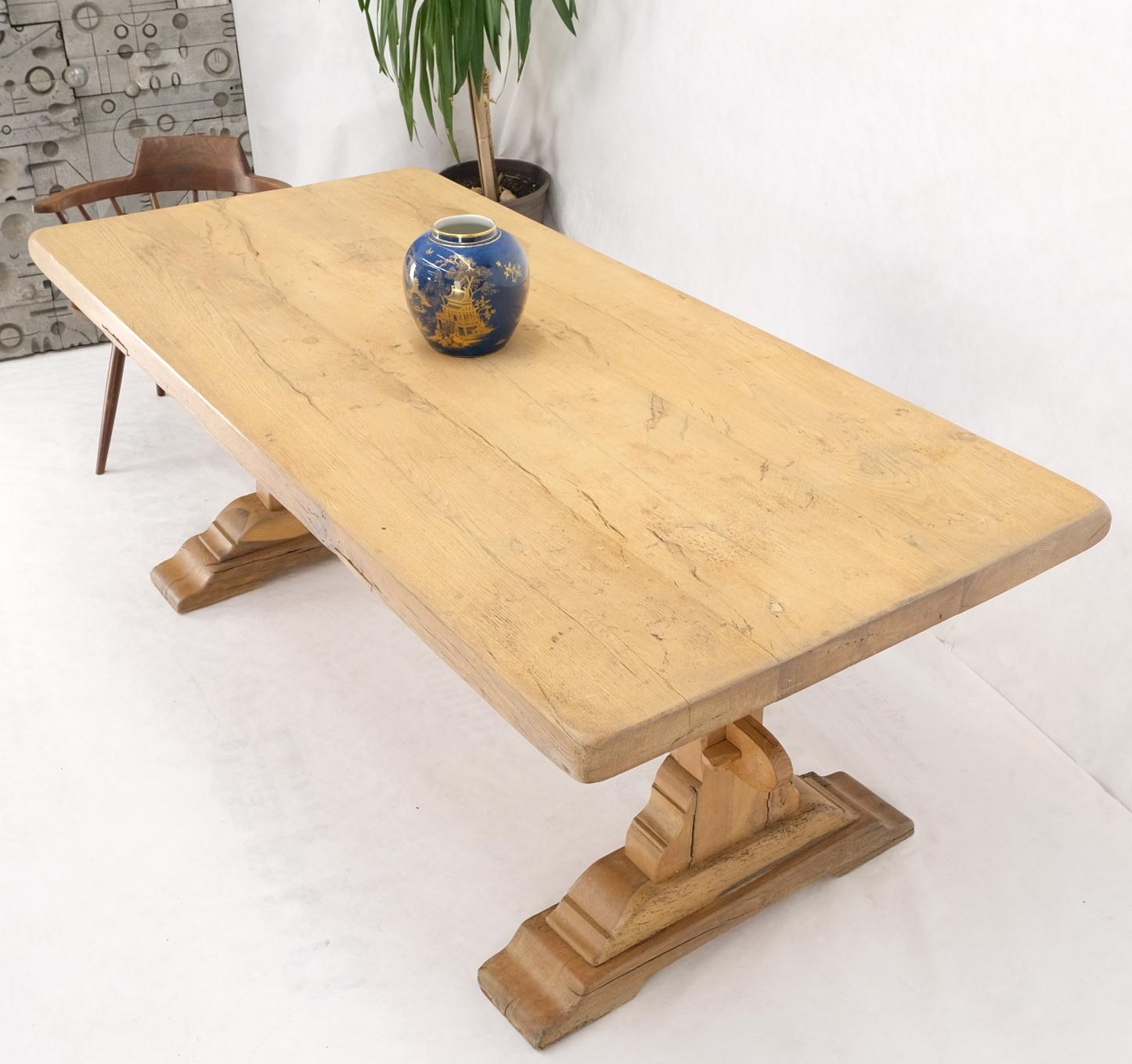 Large Antique Solid Oak Slab Top Trestle Farm Dining Conference Table For Sale 3