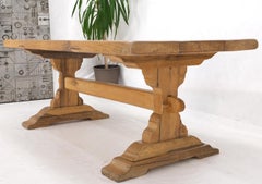Large Antique Solid Oak Slab Top Trestle Farm Dining Conference Table