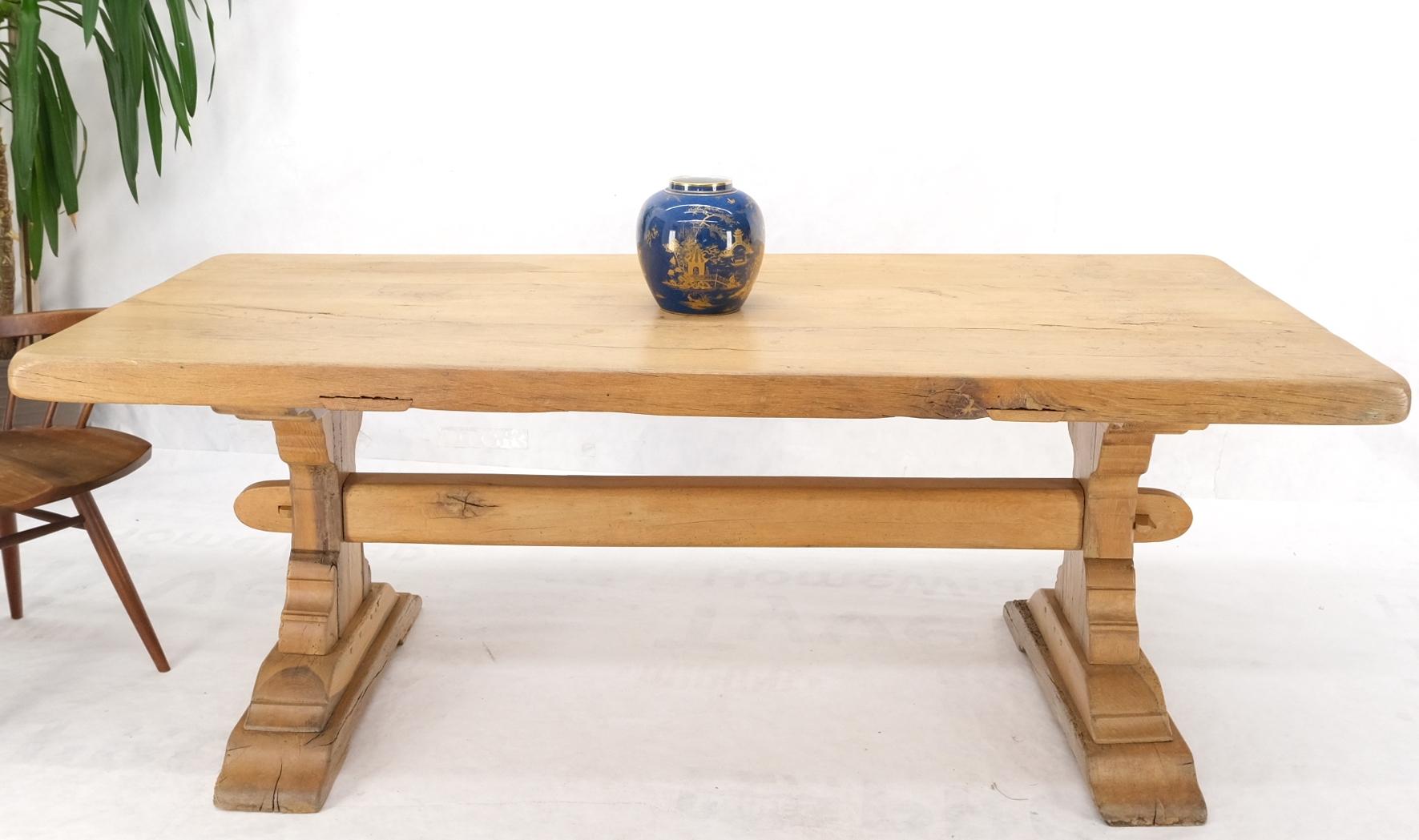 Joinery Large Antique Solid Oak Slab Top Trestle Farm Dining Conference Table For Sale
