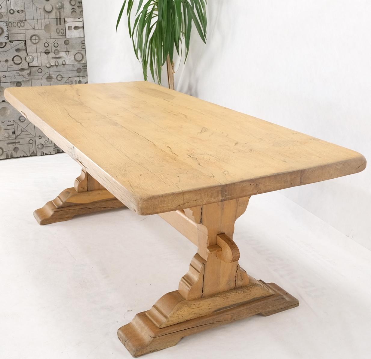 Large Antique Solid Oak Slab Top Trestle Farm Dining Conference Table In Good Condition For Sale In Rockaway, NJ