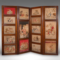 Large Antique 4-Panel Privacy Screen, English Room Divider, Needlepoint, Regency